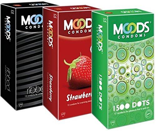 MOODS Moods Ribbed, Strawberry And 1500 Dots Condom (Set Of 3, 36S)