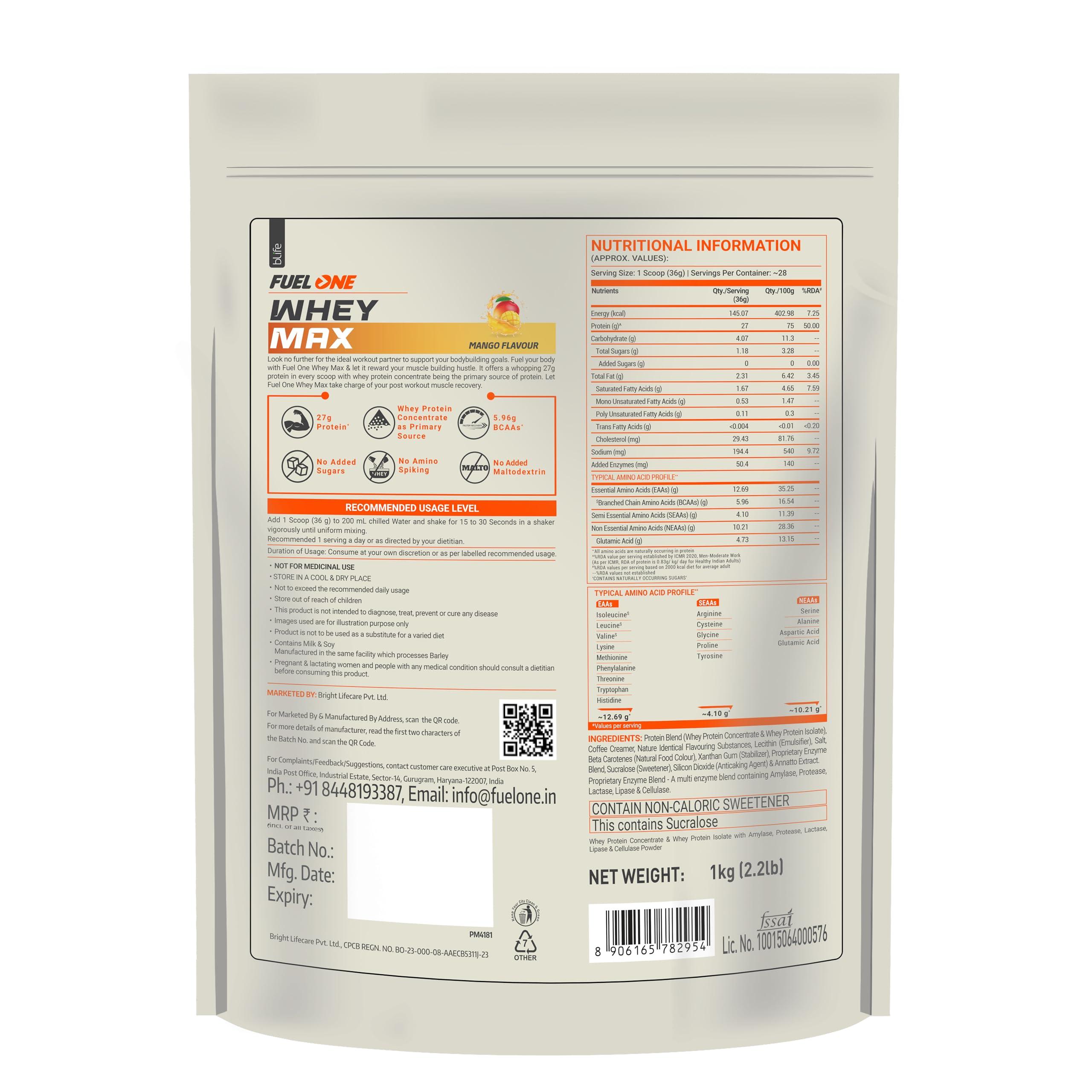 FUELONE FUELONE Whey Max (Mango, 1kg / 2.2lbs) | Whey Protein Concentrate & Whey Protein Isolate | 27g Protein