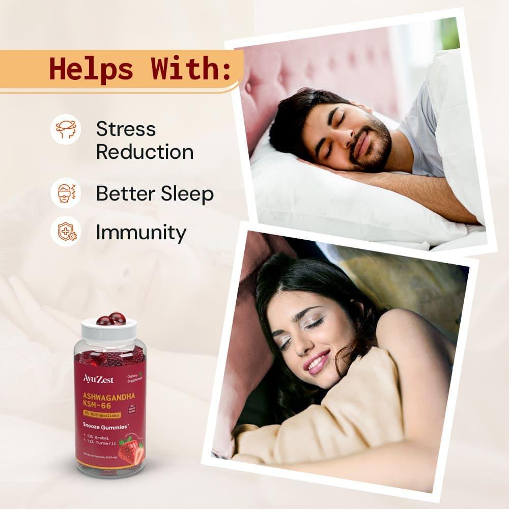 S.K. Health Care AyuZest Ashwagandha KSM-66 Snooze Gummies 3600mg Sleep Support & Stress Reduction, Promotes Relaxation & Recovery, 60 Count For Men & Women (Pack of 1)