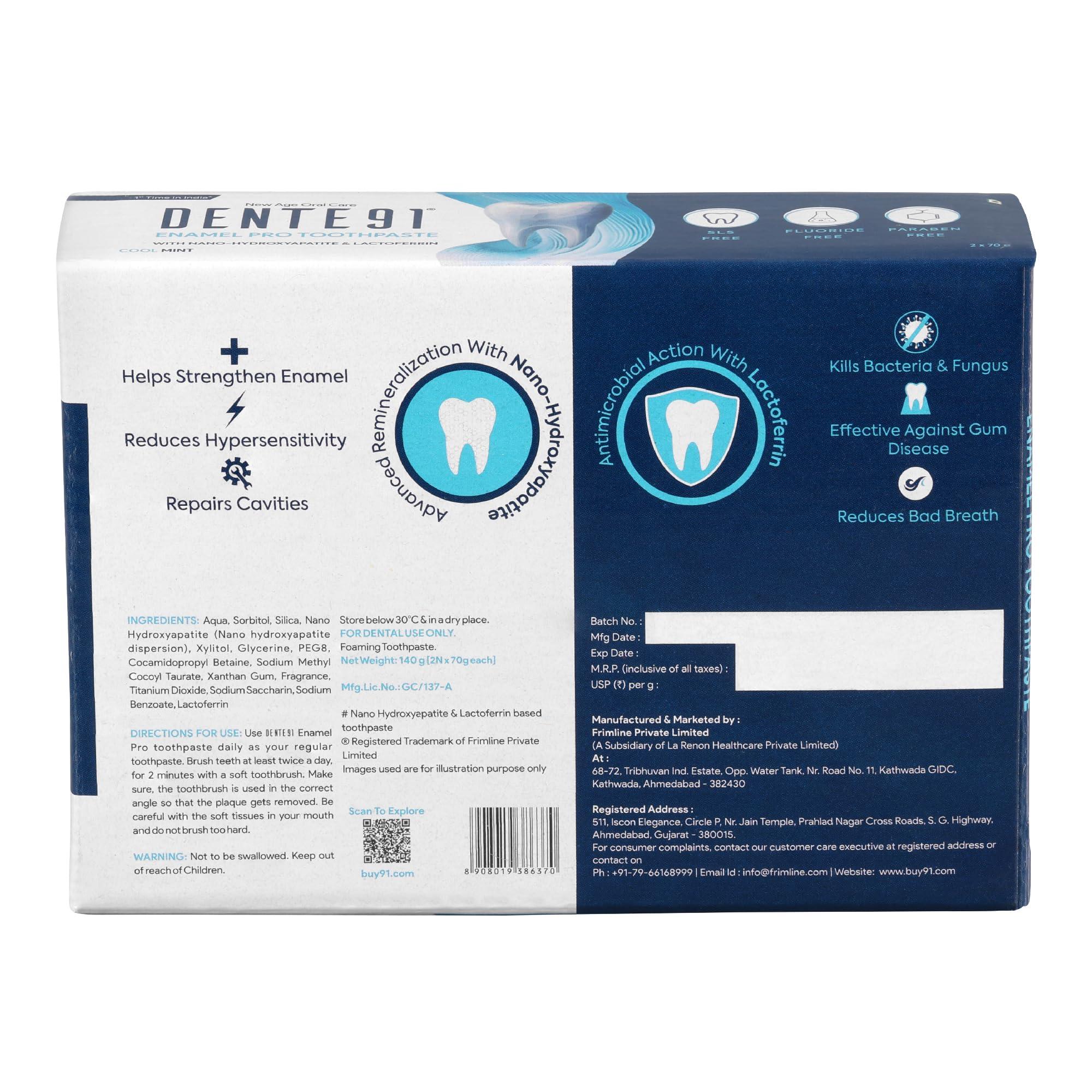 DENTE91 Dente91 Enamel Pro Toothpaste| Sensitivity Relief | Repairs Cavities | Fights Gum Disease | Reduces Bad Breath | Strengthens Enamel | SLS Free | Fluoride Free | Paraben Free | Pack of 2, 2 X 70g