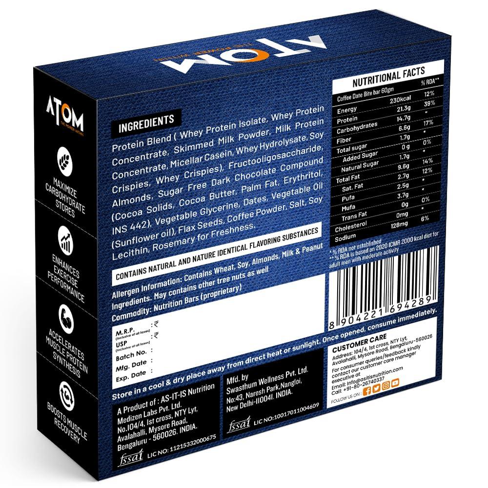 Asitis Nutrition Asitis Nutrition Atom High Protein Bar,20Gm Protein,Zero Transfat,Zero Added Sugar,Whey Protein Concentrate, Isolate & Hydrolysate As Protein Source,Pack Of 6 (60Gm X 6), Coffee Date Bite