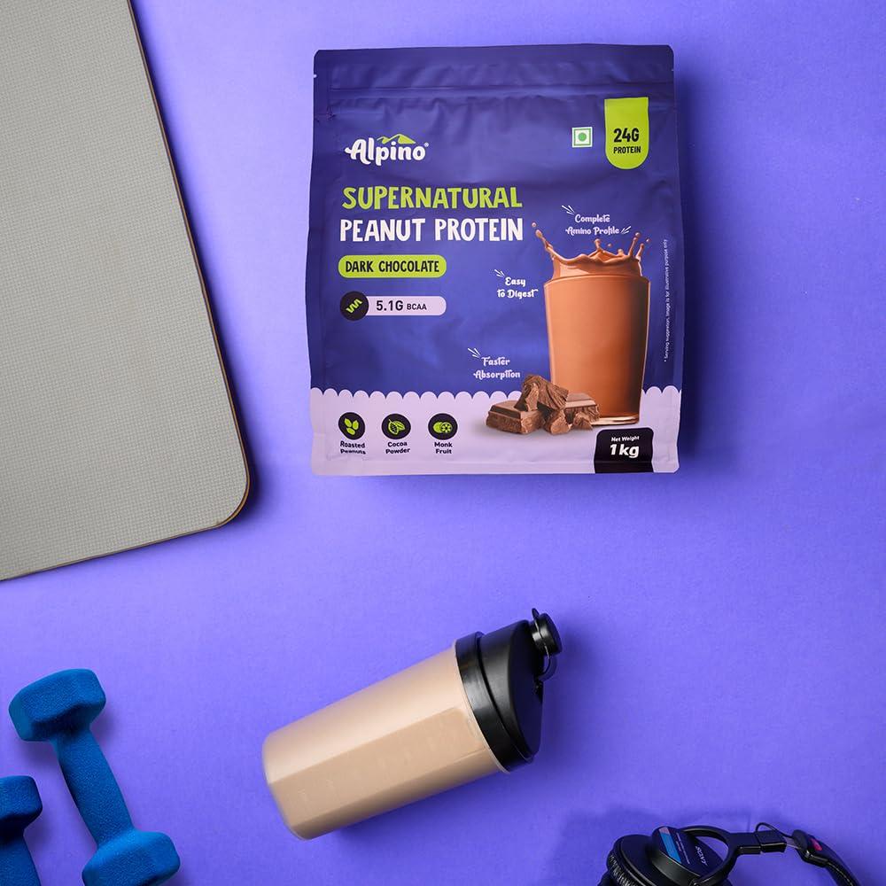 Alpino Alpino Supernatural Peanut Protein Powder Dark Chocolate 1kg - 100% Plant-Based, High-Performance Protein - 24g Protein, 5.1g BCAAs, No Added Sugar, Gluten-Free, Non-GMO, Vegan