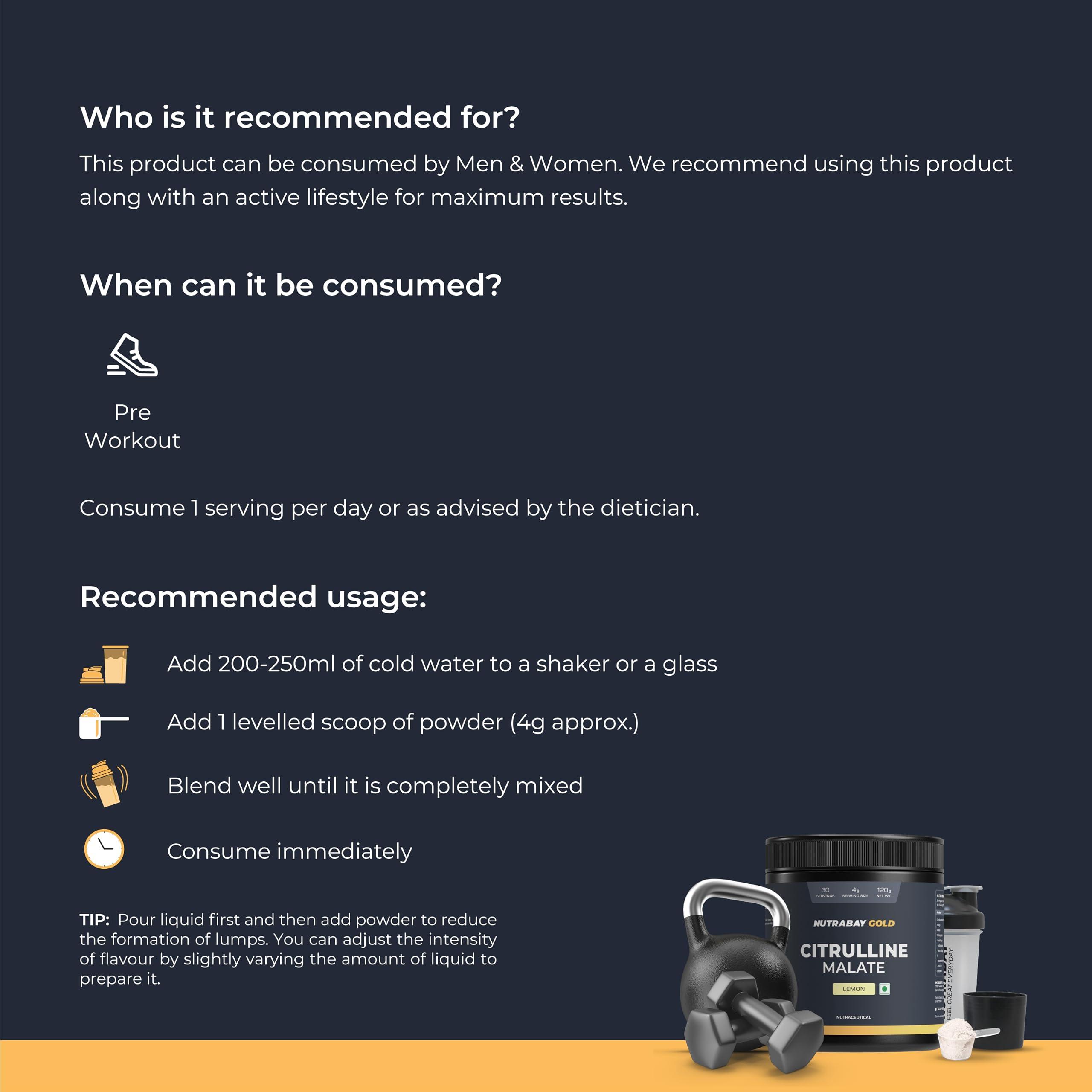 Nutrabay Nutrabay Gold Citrulline Malate 2:1 Supplement Powder - 120g, Lemon Flavor | Boosts Nitric Oxide, Pre Workout Amino Acid for Muscle Strength & Endurance