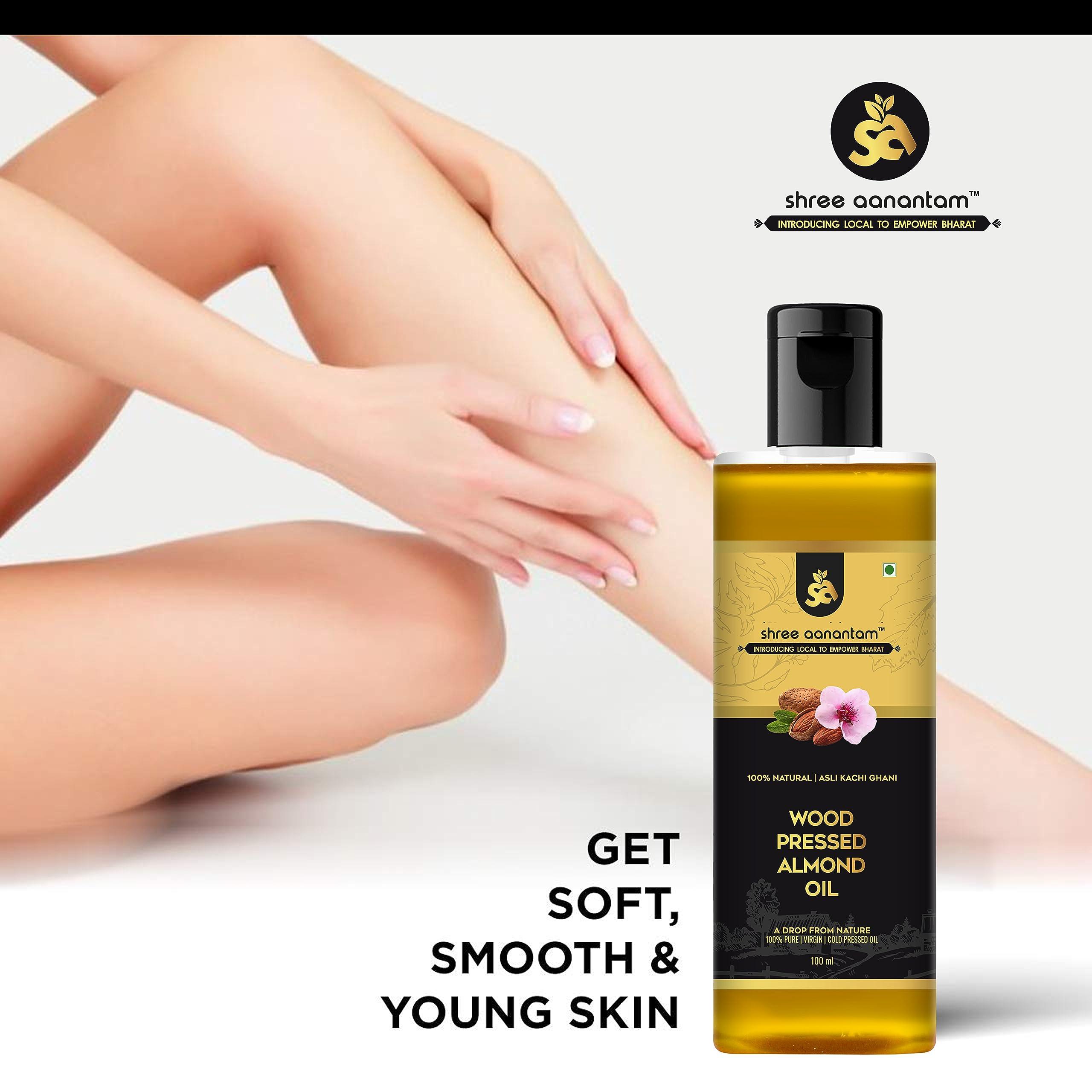 Shree Aanantam Shree Aanantam Cold Pressed Sweet Almond Oil - 100ml x 2 | Badam Tail | Rich in Vitamin E | For Healthy Skin, Hair and Body | Virgin & Cold Pressed - 100ml (Pack of 2)