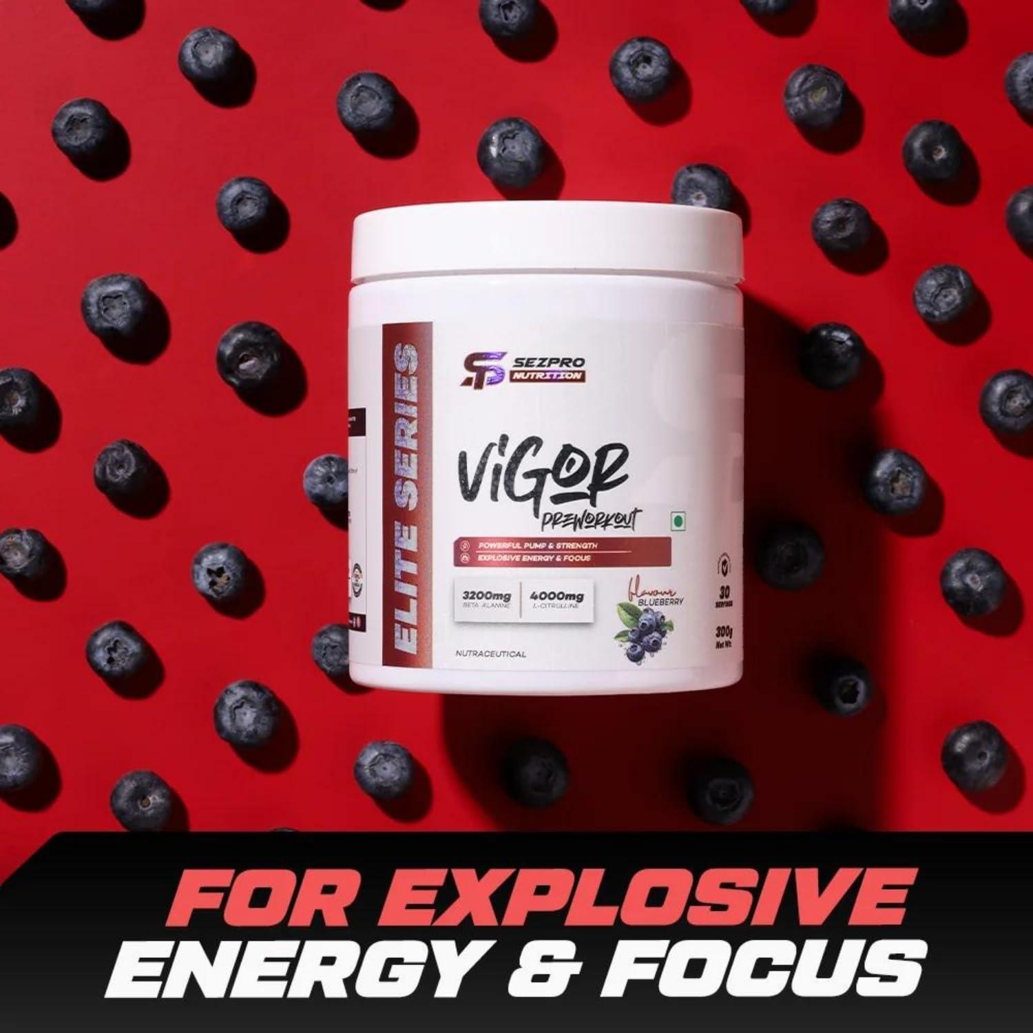 Sezpro Nutrition Sezpro Nutrition Vigor Pre Workout | 300gm | 30 Servings | 300mg Caffeine | 200mg Theanine | 3200mg Beta Alanine | 4000mg Citrulline | Powerful Pump & Strength | Explosive Energy & Focus (Watermelon)