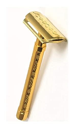 Sonntag Sonntag Long Handle Double Edge Safety Razor Brass Razor For Men and women + 5 Shaving Blades Free (Brass Gold Shaving Razor Flower Design)