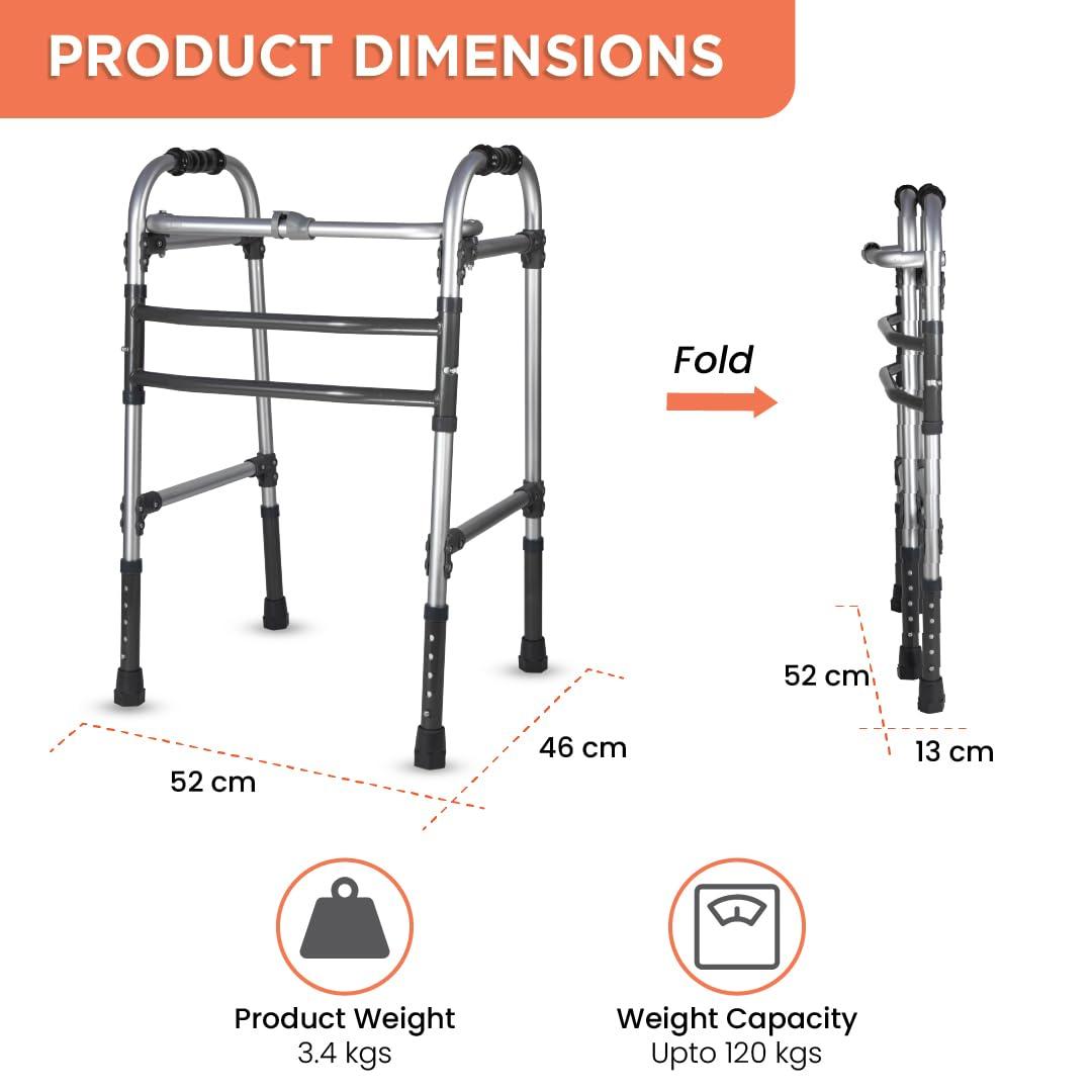 Vissco Vissco Dura Max Walker for Elderly and those Physically Challenged, Foldable, Light Weight & Height Adjustable Walking Aid - Made with Premium Grade Rubber Shoes and PVC Grip - Universal (Black)