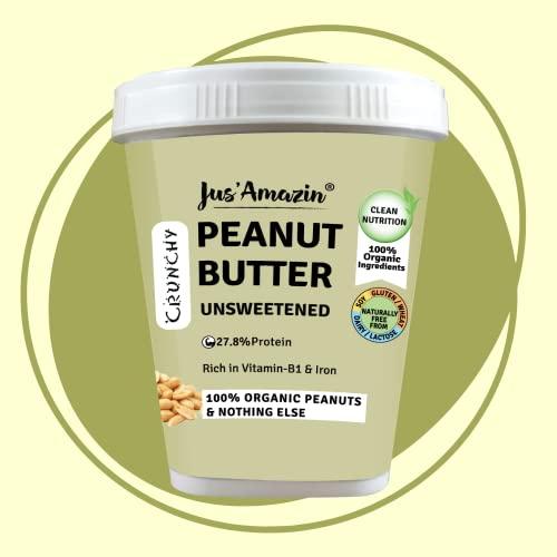 Jus' Amazin Jus\' Amazin Crunchy Peanut Butter - Unsweetened | 27.8% Protein | Single Ingredient - 100% Peanuts (no added Sugar/Salt) | Vegan | Dairy Free | Keto (Organic Peanut Butter Crunchy, 1 kg (Pack of 1))