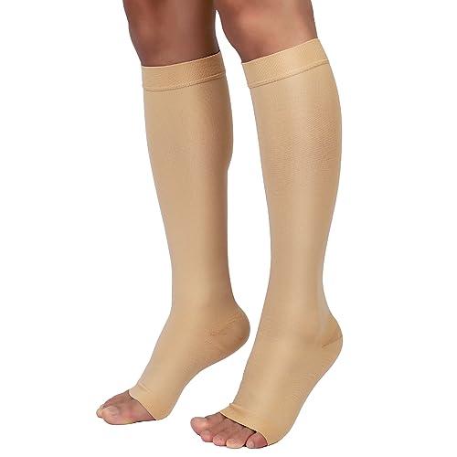 MGANG Compression Socks, Open Toe, 15-20 mmHg Graduated Compression Stockings for Men Women, Knee High Compression Sleeves for DVT, Maternity, Pregnancy, Varicose Veins, Relief Shin Splints, Beige XXL