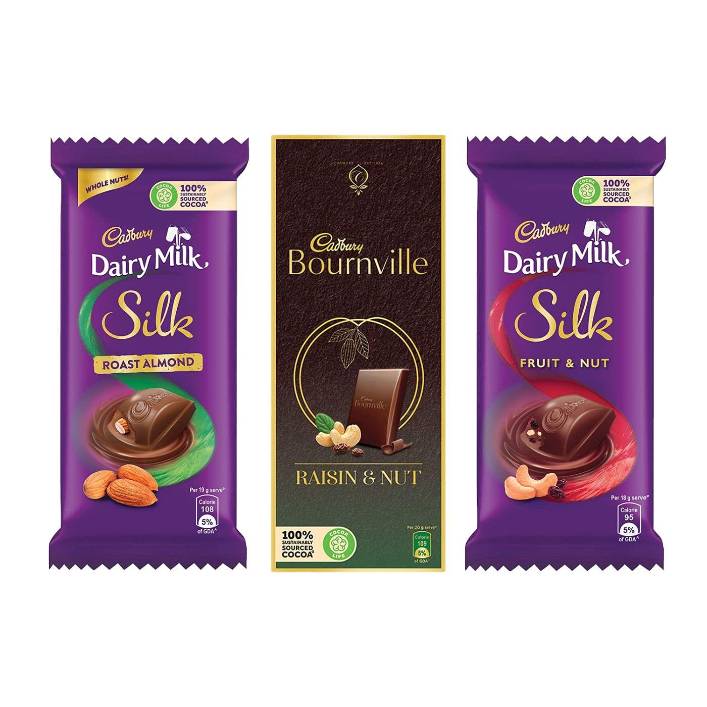 Cadbury Cadbury Chocolates Combo (2 x Silk Roast Almond 58g, 2 x Silk Fruit and Nut 137g and 2 x Bournville Raisin Nut 80g)