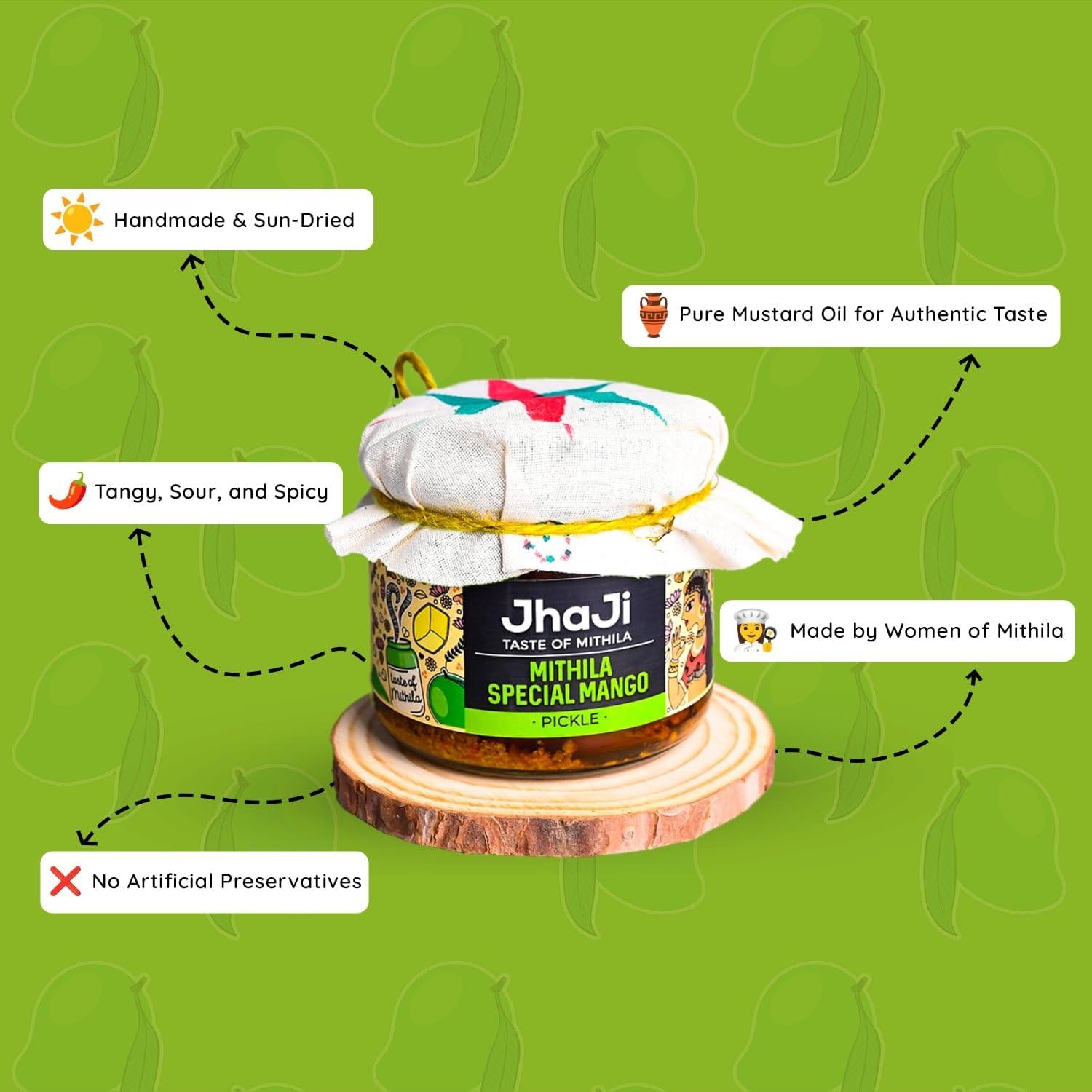 JhaJi - Taste of Mithila JhaJi - Taste of Mithila Special Mango Pickle|Bihari Style Aam Ka Achaar|Tangy & Spicy|Masaledaar & Khatta|1-Inch Mango Pieces|Sun-Dried. No Artificial Preservatives & Colors|Bihari-Style Pickle,250G