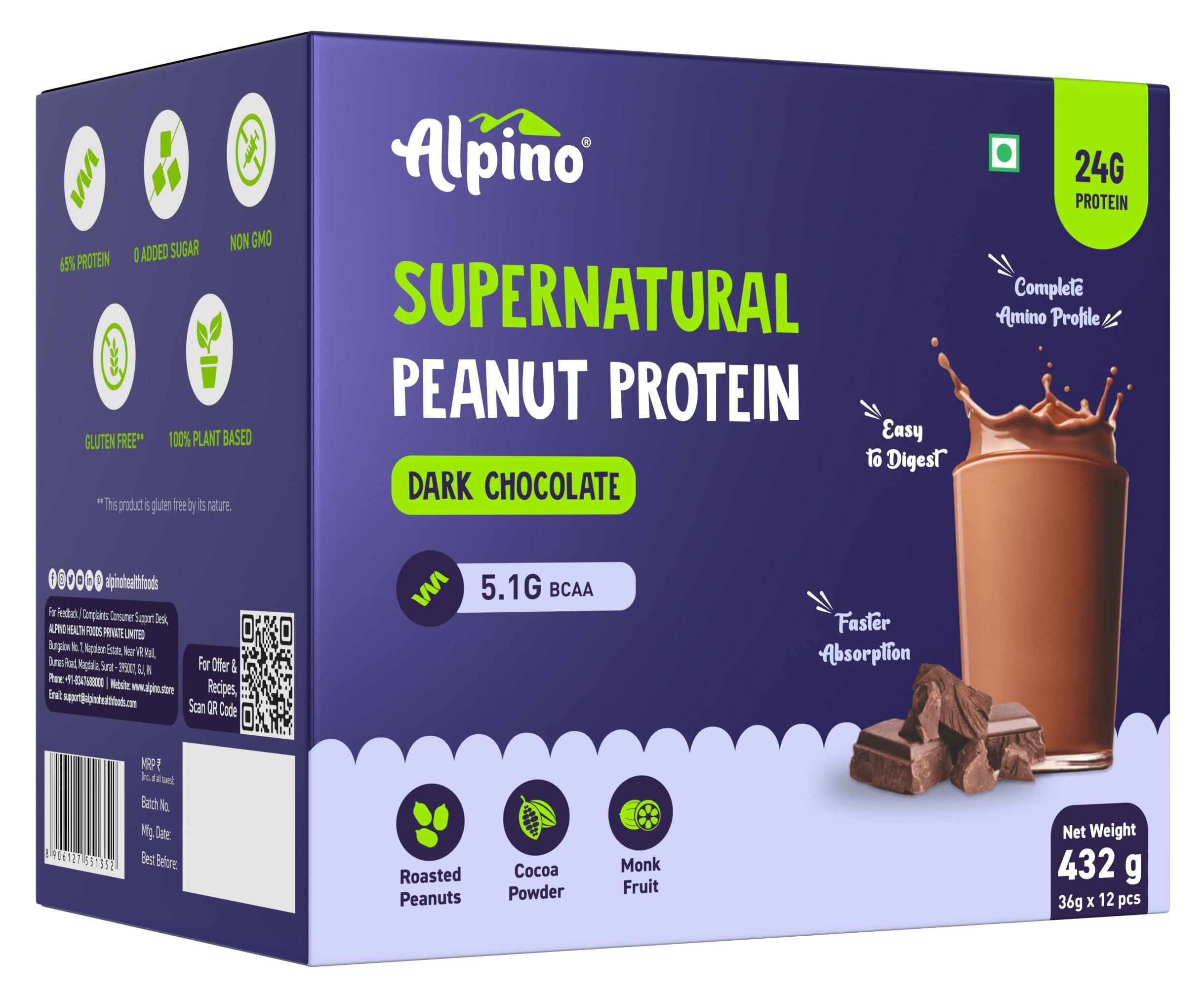 Alpino Alpino Supernatural Peanut Protein Powder Dark Chocolate 432g (12 Day Trial Pack) - 100% Plant-Based, High-Performance Protein - 24g Protein, 5.1g BCAAs, No Added Sugar, Gluten-Free