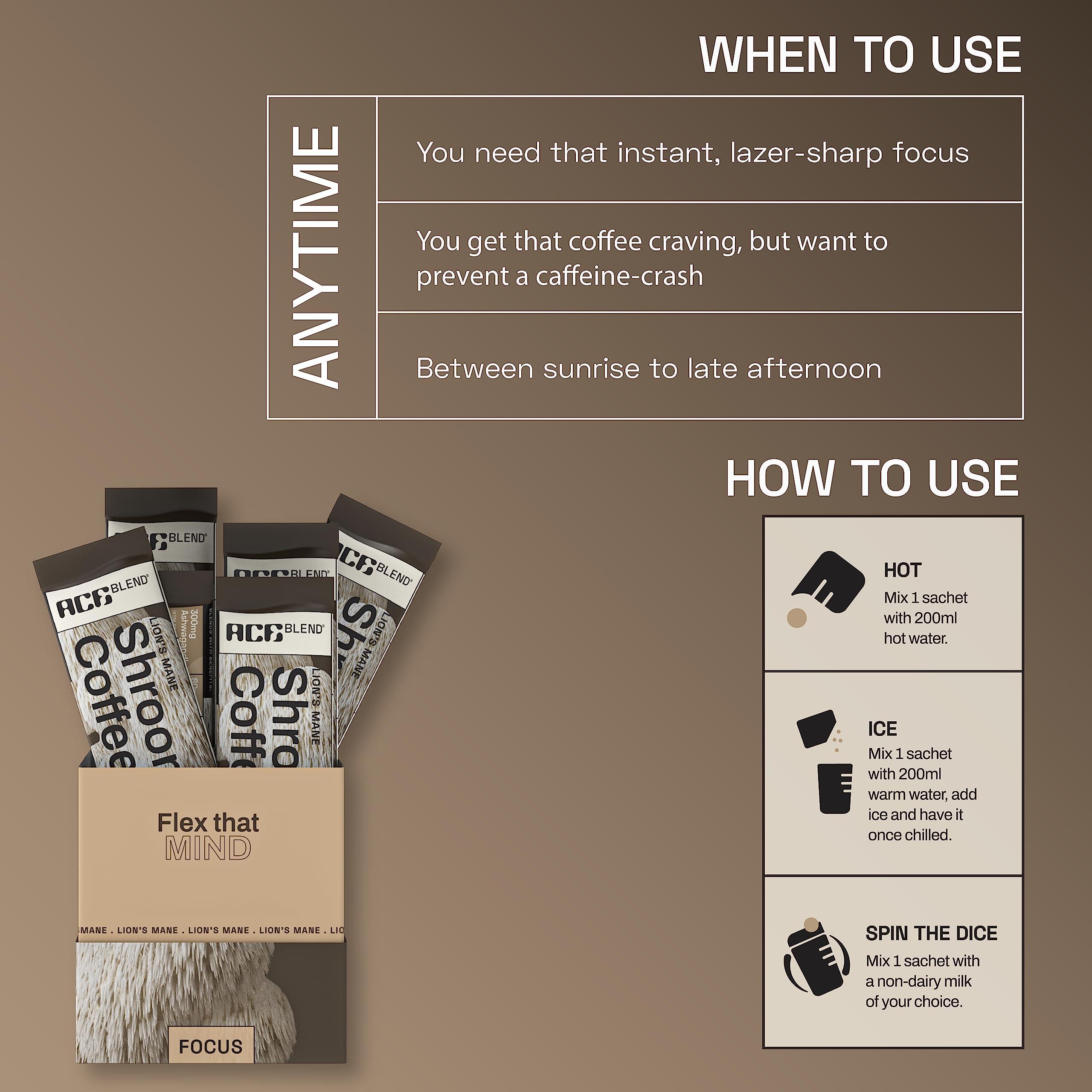 Ace Blend Ace Blend Lions Mane SHROOM COFFEE | 30 serves | Mushroom Coffee | KSM 66 Ashwagandha | L-Theanine | MCT | Focus | Memory | 100% Arabica | Instant Black Coffee | Keto | Cold/Hot Brew