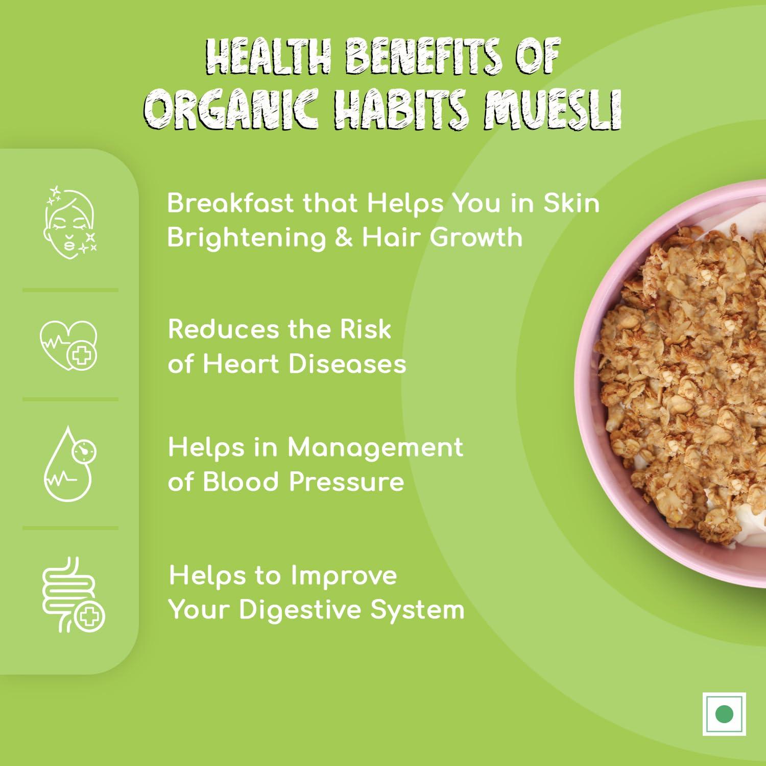 ORGANIC HABITS ORGANIC HABITS Muesli, Diabetic Friendly Breakfast Cereal With Fruit, Nuts, Seeds, Vegetables, Millets & Wholegrain | Source Of Protein And Vitamins B1 & C Probiotics Zero Sugar (400 G)