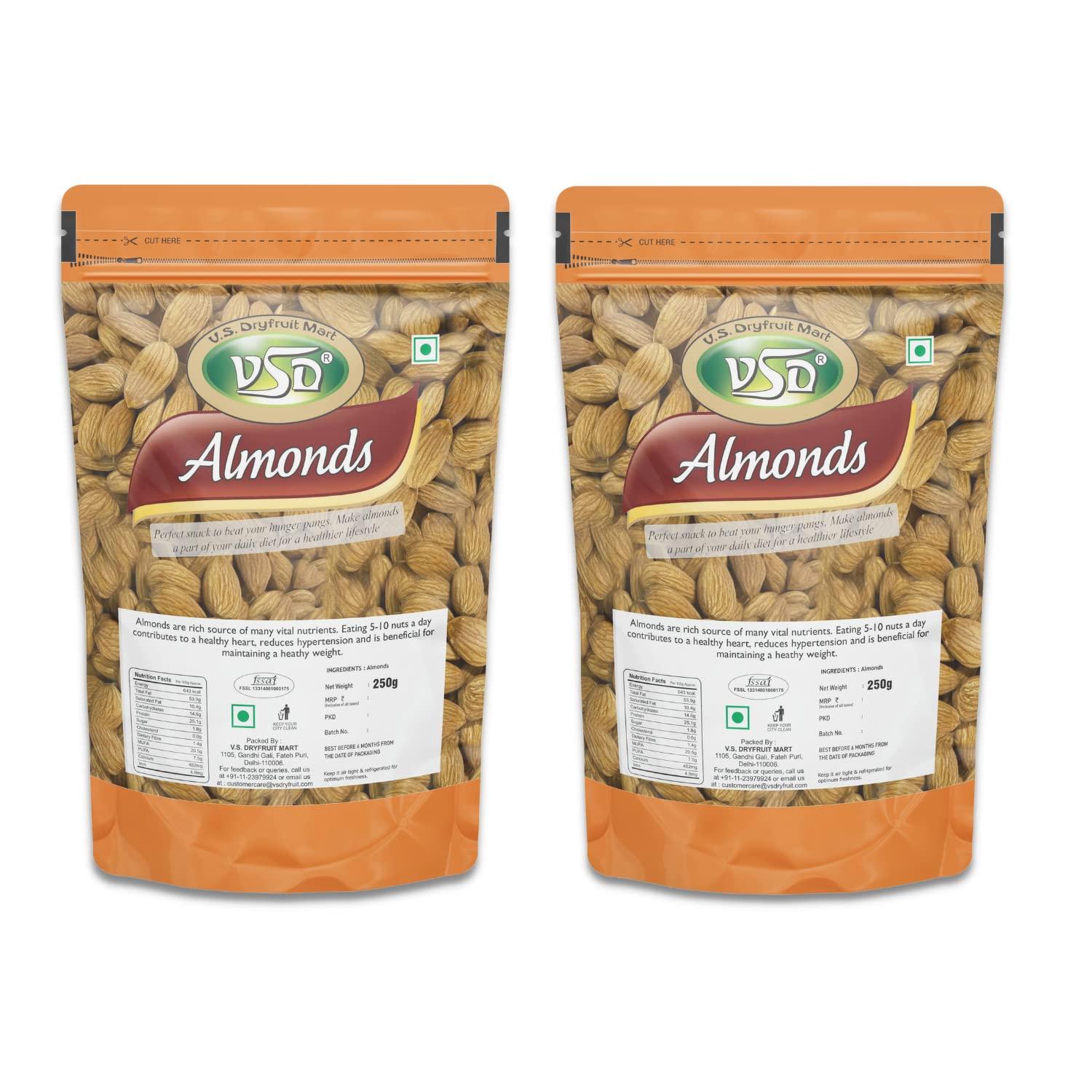 VSD VSD Premium 100% Natural Jumbo Almond (Badam) California Selected | Badam Dry Fruits/Badam Giri/High in Fiber & Boost Immunity/Raw Whole Natural Badam | Pack of 2 (250Gm Each), 500Gm
