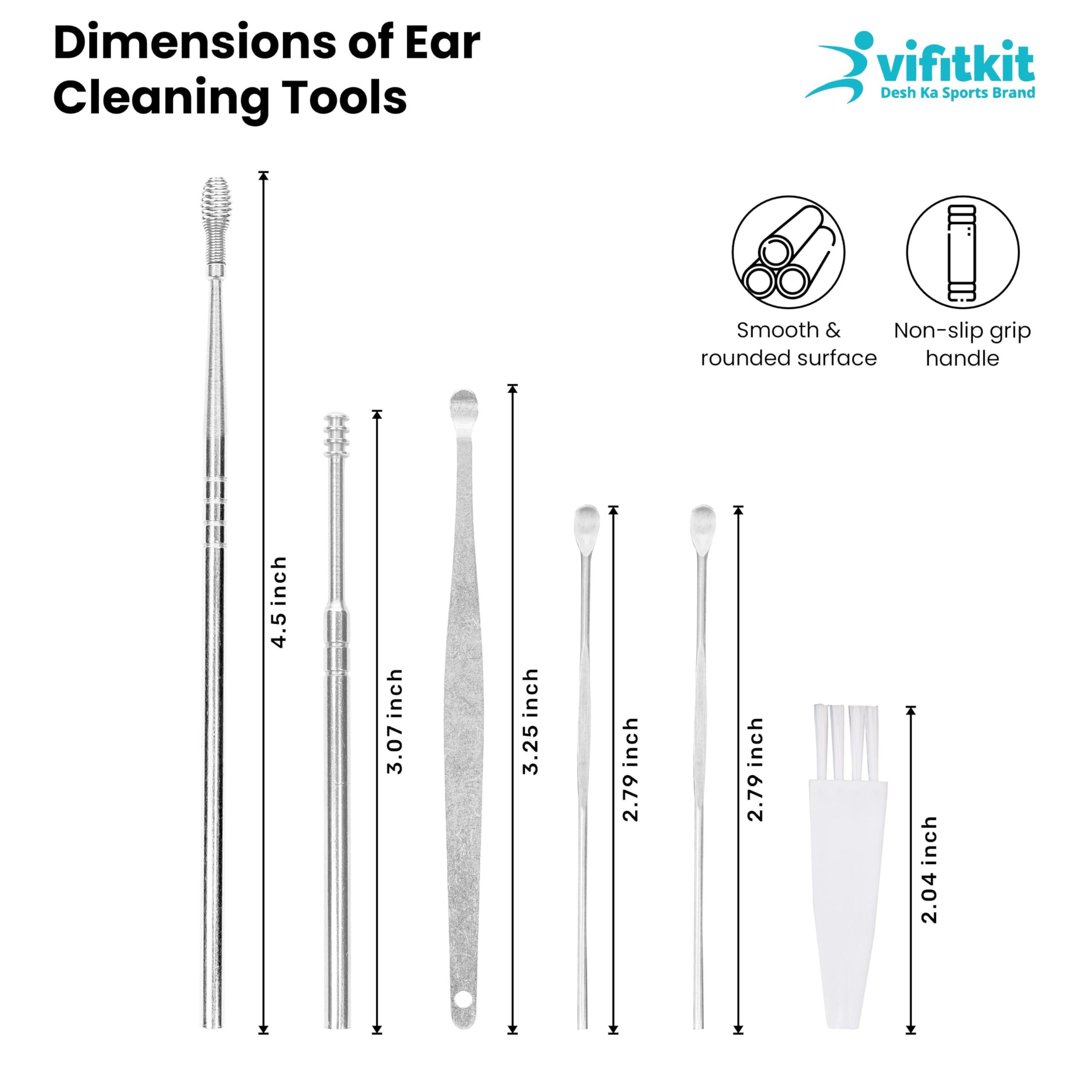 VIFITKIT VFK by Trendy Home Ear Cleaning Kit (Pack of 1), Reusable Ear Wax Cleaner Tool Set with Storage Box - Ear Wax Remover Tool Kit with Ear Curette Cleaner and Spring Earbuds Cleaner (6 Pcs, Stainless Steel)
