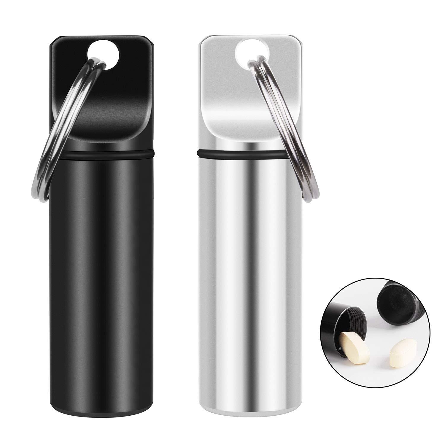 Oupex 2 Pack Small Pocket Pill Box Keychain, Portable Mini Aluminium Alloy Pill Organizer Case Container for Purse, Waterproof Metal Pill Holder Medicine Bottle for Outdoor Camping Travel(Black+Silver)