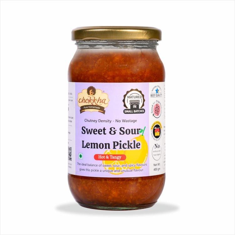 Chokkha Chookha Traditional Homemeade Hing Mango & Sweet & Sour Lemon Pickle (Hing Aam Khatta Metha Nimbu) | No colour Added | Vegan | 100% Oil-Free | Combo of 2 | 200 Gm Each