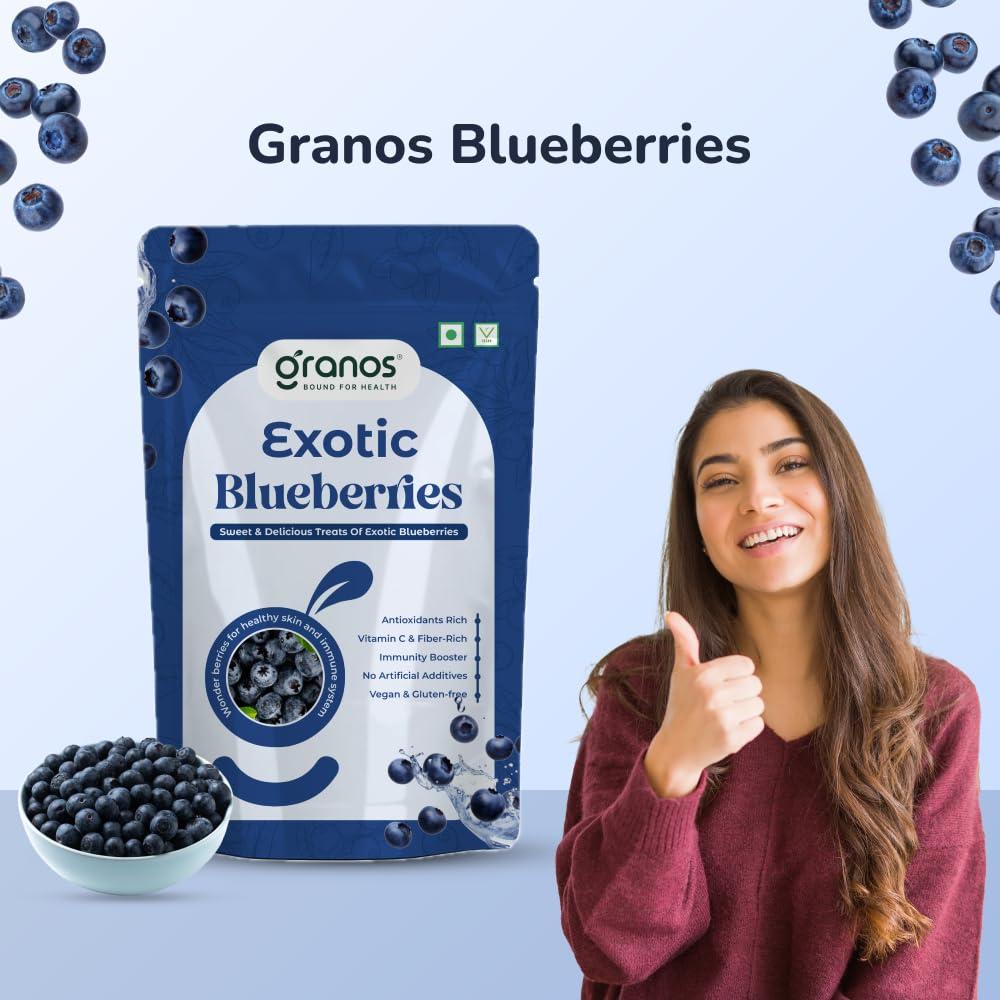 GRANOS Granos Dried Blueberries 150g | Dried Fruits | Sweet Berries | Produce Of USA | Trans Fat Free | Gluten Free | Healthy Skin | Boost Immunity | Rich In Nutrients | 100% Natural | Plant Based | Healthy Motabolism
