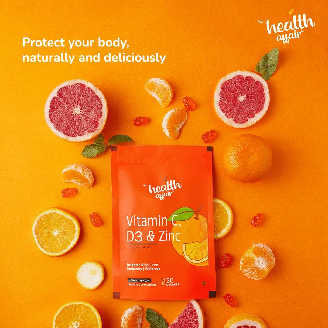The Health Affair The Health Affair Vitamin C, D3, and Zinc Gummies | Orange flavoured Organic Vegan (30N) | Gluten-Free for Immune System Support, Bone Health and Antioxidant Defense