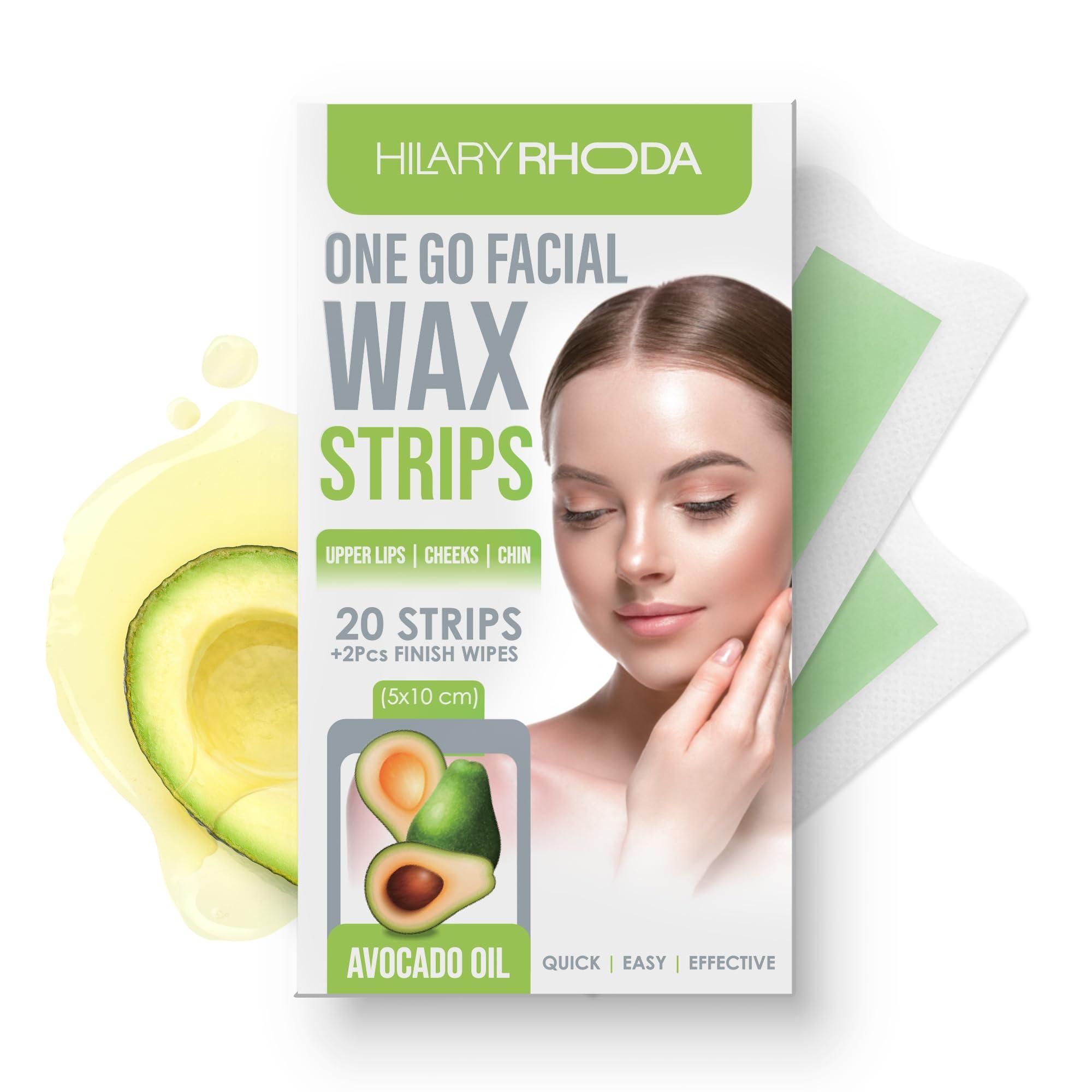 Hilary Rhoda Hilary Rhoda One Go Facial Wax Strips | Ready-To-Use Facial Wax Strips | Face, Cheek, Upper Lip & Chin Facial Wax | Painless Hair Removal | With 2 Finish Wipes | 20 Strips (Avocado Oil)