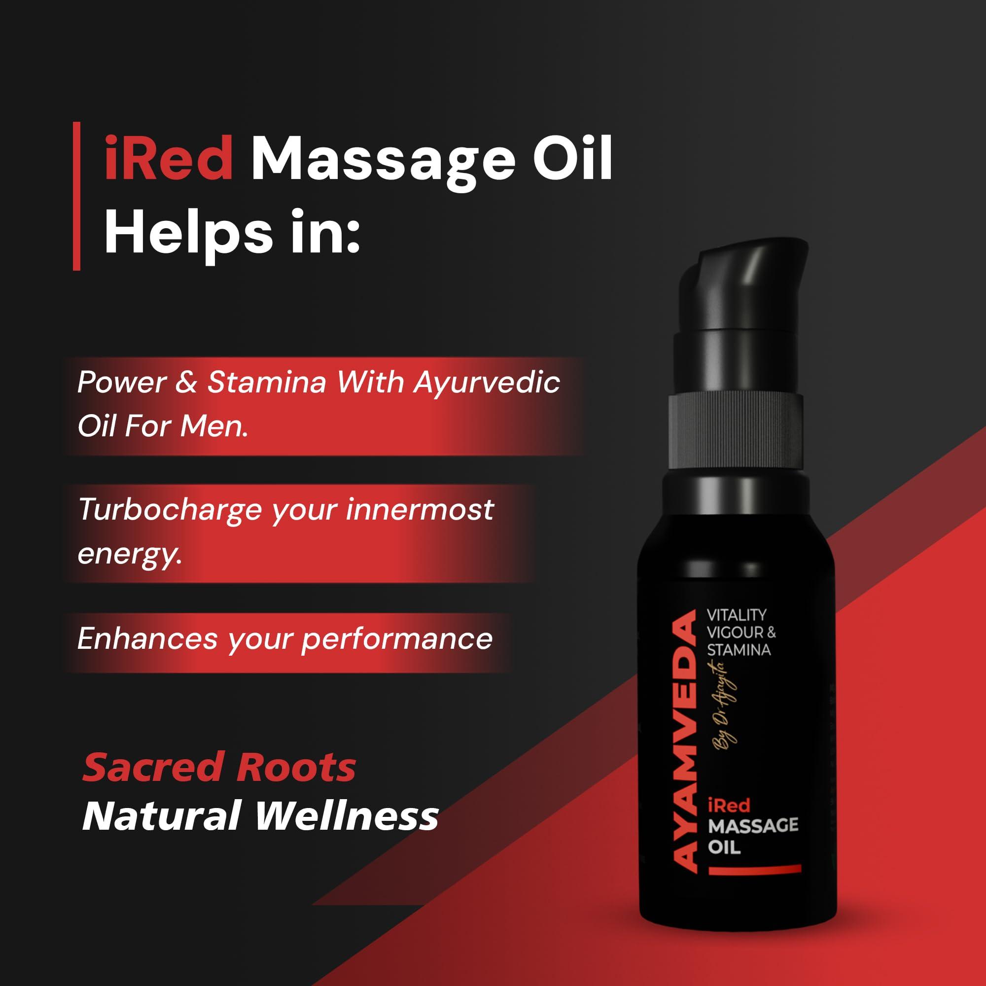 AyamVeda AyamVeda by Dr.Ajayita - iRed Massage Oil For Men with 60+ Premium herbs like Ashwagandha I Strength and Stamina Destroyer of Weakness (60 Days Pack) For External Use Only | No Side Effects