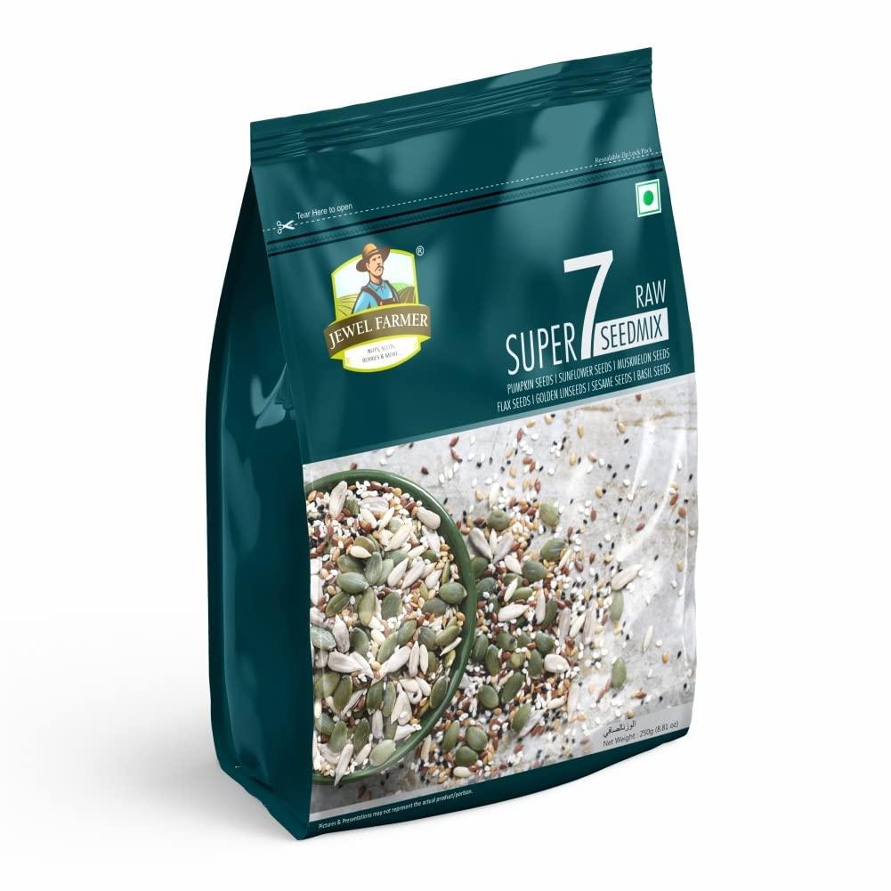 JEWEL FARMER JEWEL FARMER Raw Super 7 Seedmix with Pumpkin Seeds, Sunflower Seeds, Muskmelon Seeds, Flax Seeds, Golden Linseeds, Sesame Seeds, Basil Seeds (250g)
