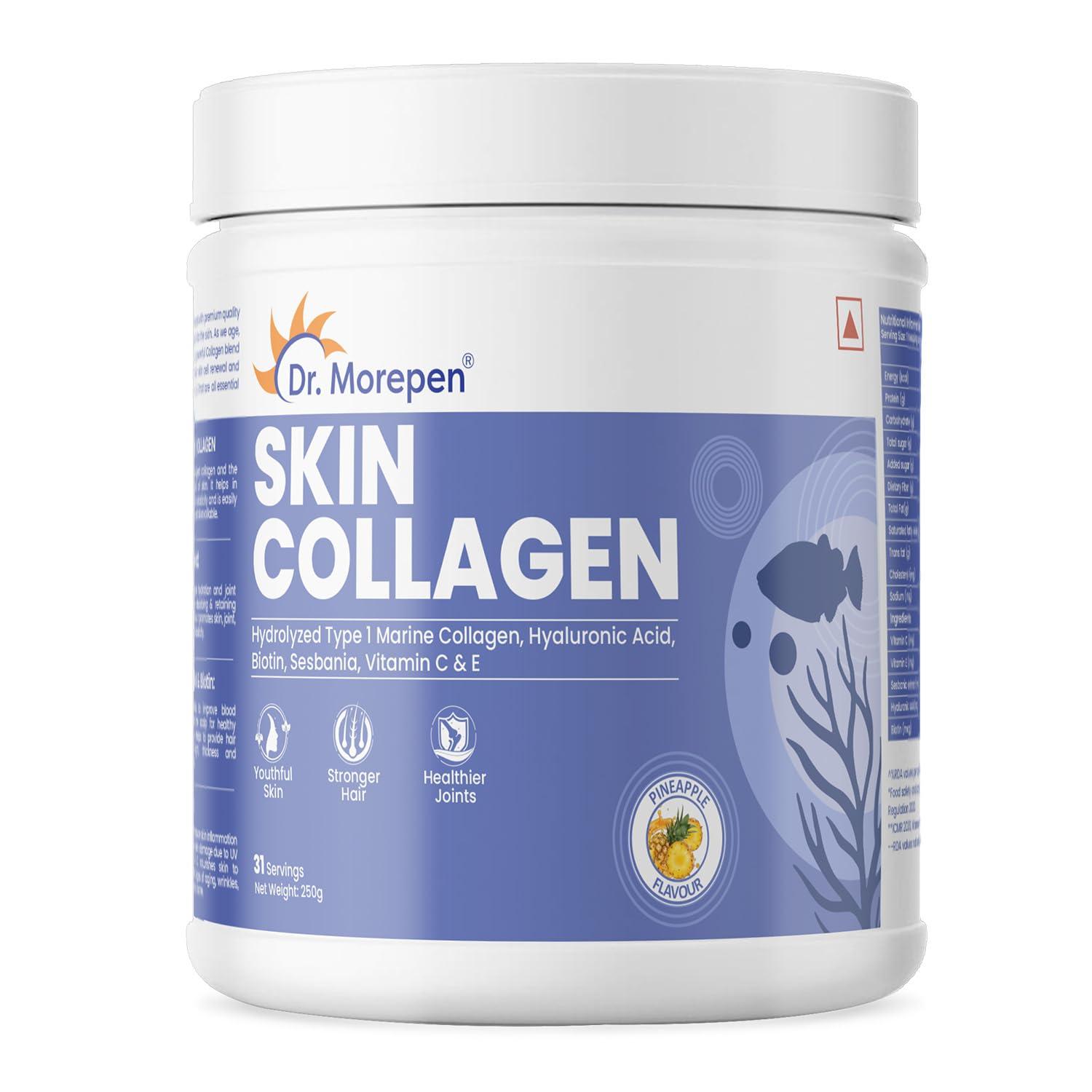 Dr. Morepen DR. MOREPEN Marine Collagen Skin Protein Powder With Hyaluronic Acid, Vitamin C, Sesabania & Biotin | Pineapple Flavour | 250g