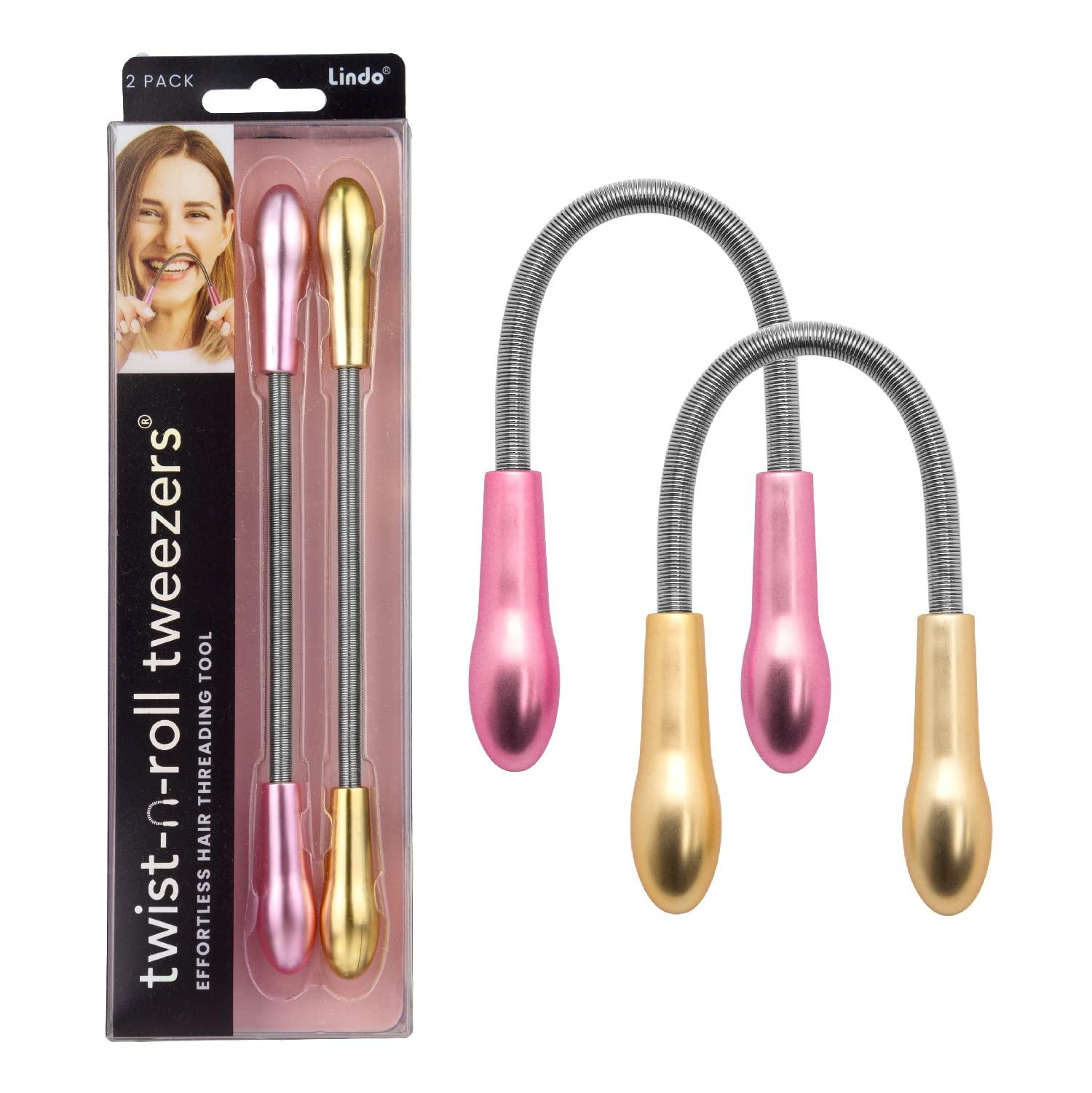 Lindo Lindo Twist-N-Roll Tweezer - Spring Facial Hair Removal Tool, Natural Threading, Stainless Steel, Remove Unwanted Hair on Upper Lip, Chin, Cheek, and Neck (2 Pack)