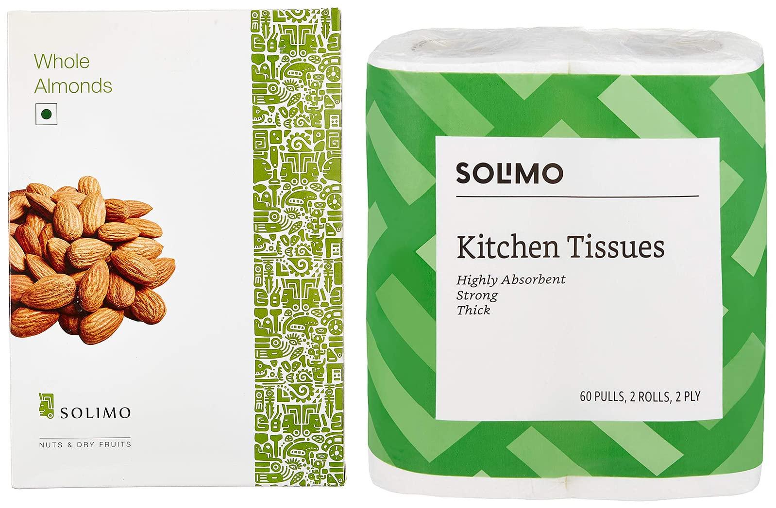 Amazon Brand - Solimo Amazon Brand - Solimo Almonds, 250g,Raw & Amazon Brand - Solimo 2 Ply Kitchen Tissue/Towel Paper Roll - 2 Rolls (60 Pulls Per Roll)