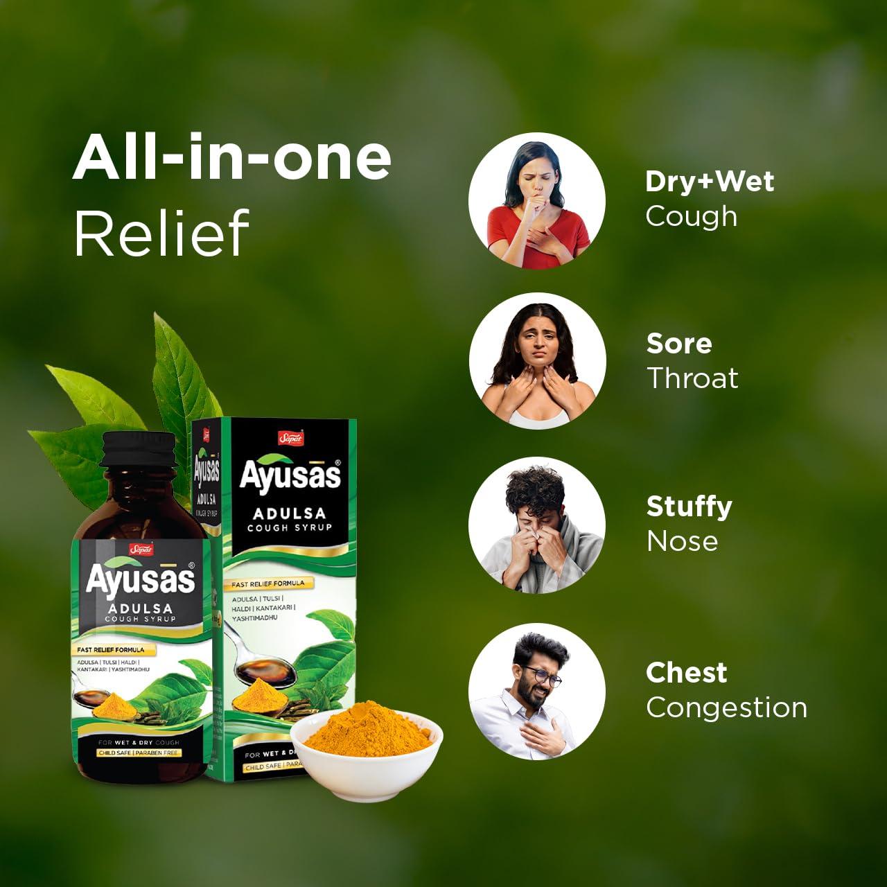 AYUSAS AYUSAS Sapat Adulsa Cough Syrup, Paraben Free, Child Safe, Triple-action formula,100% Natural for Wet and Dry Cough, (200 ml) (Pack of 2)