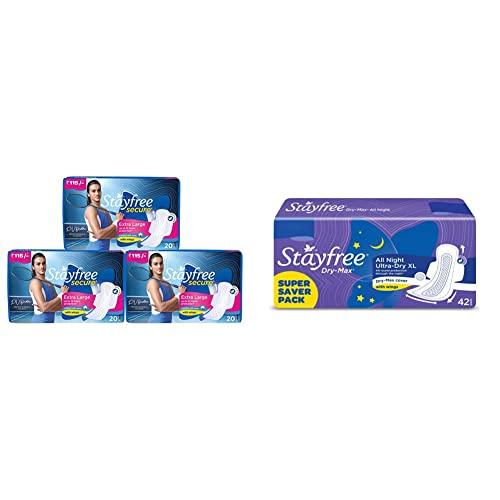Stayfree Stayfree Secure XL Cottony Sanitary Napkins with Wings, Extra Large (60 Count) & Stayfree All Night XL Dry Max Cover Sanitary Napkins - 42 Pads (Super Saver Pack)