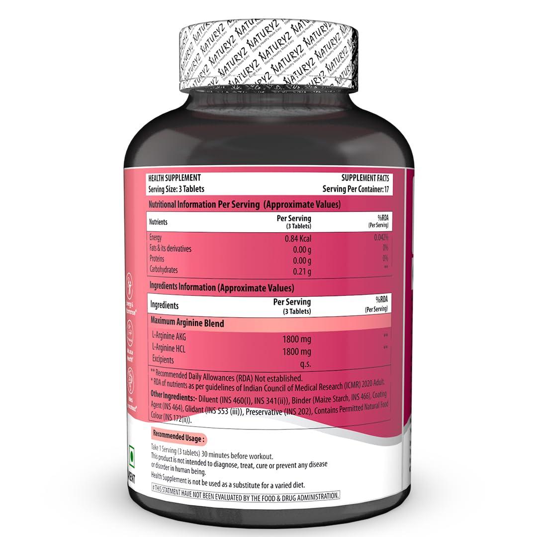 Naturyz NATURYZ Triple Strength 3600mg L-Arginine Complex | Bioactive form Arginine AKG & HCL for better absorption | Improves Pump & Performance | Ideal Pre-workout Supplement - 50 Tablets