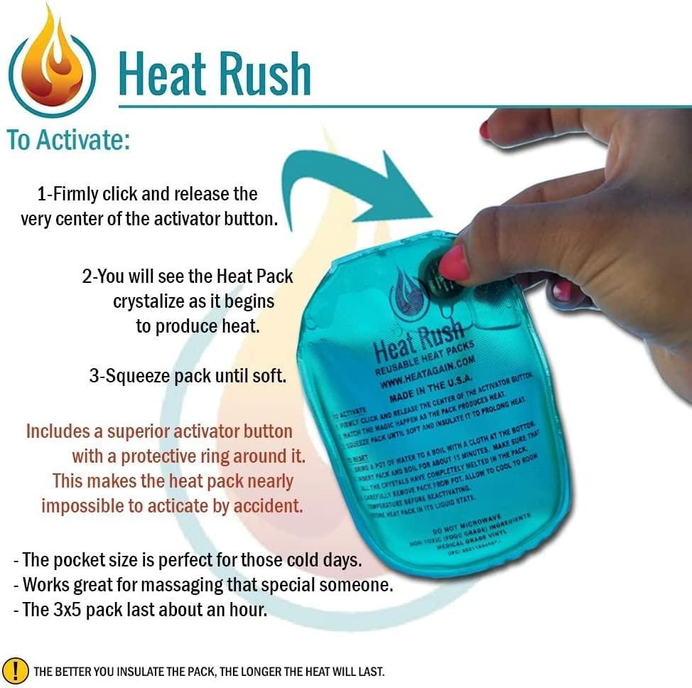 Heat Rush HEAT RUSH - Instant Reusable and Portable Heat Pack 2 Pack Small (3x5) Reusable Heat Pack Hand Warmer Perfect for Cold Days Pocket Warmer. One Hour of Click Heat. Made in USA