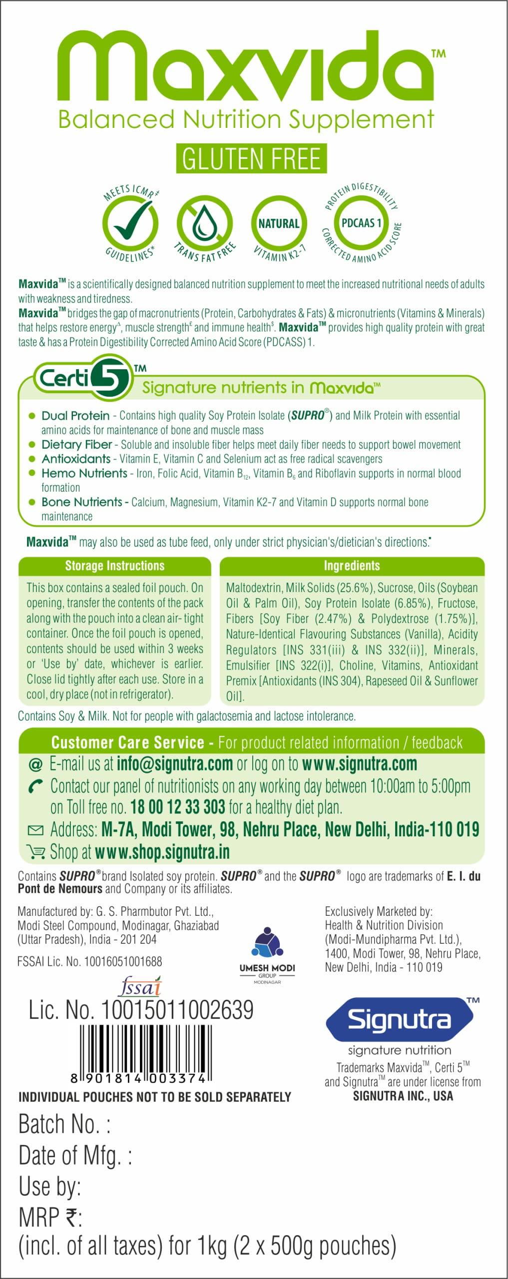 Maxvida Maxvida Balanced Nutrition Supplement For Adults (Vanilla Flavored, 1000G) - Powder