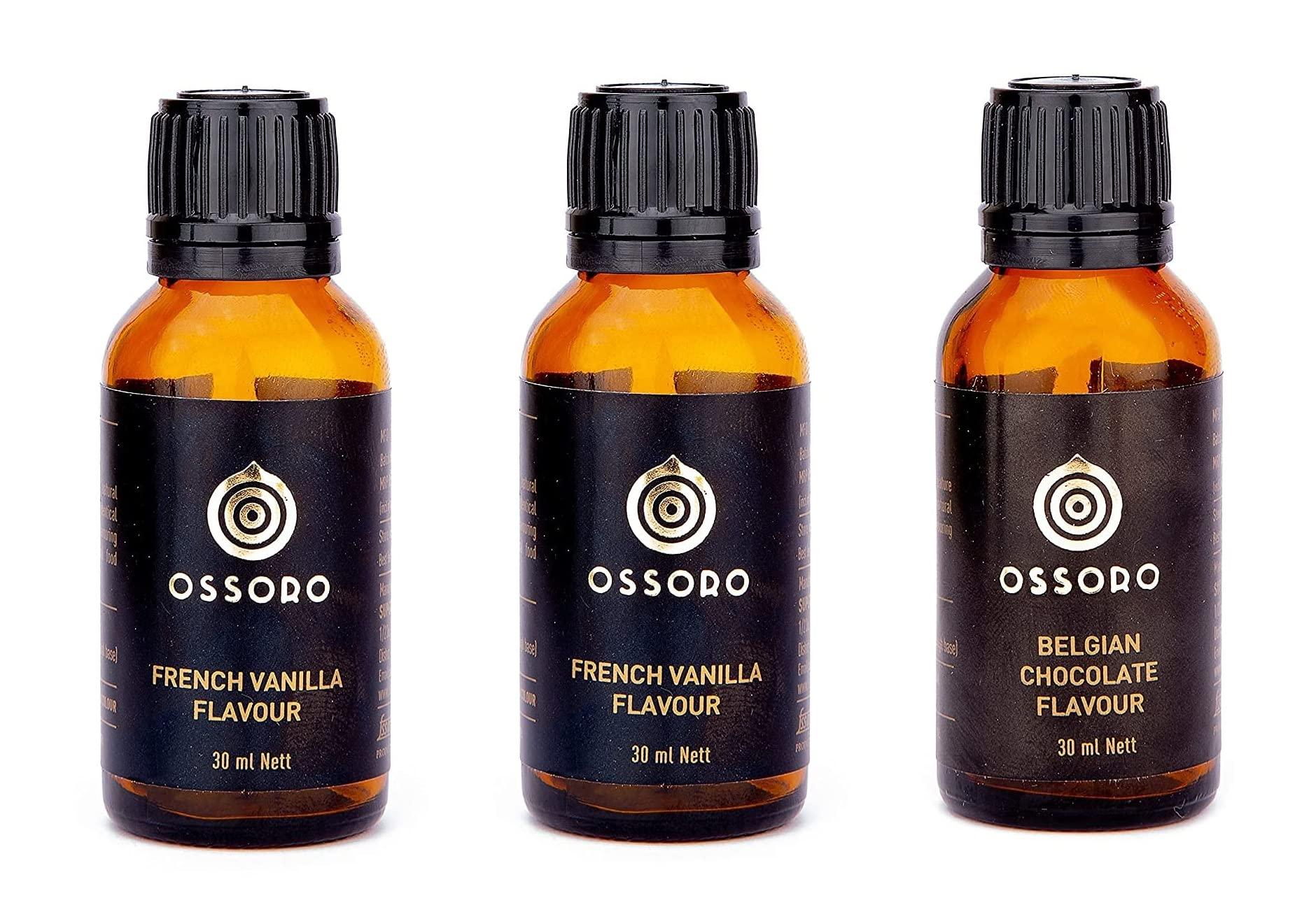Ossoro Ossoro French Vanilla, Belgian Chocolate And Butterscotch Flavour Combo (Pack Of 3) 30Ml Each/ Glass Bottle, No Preservatives