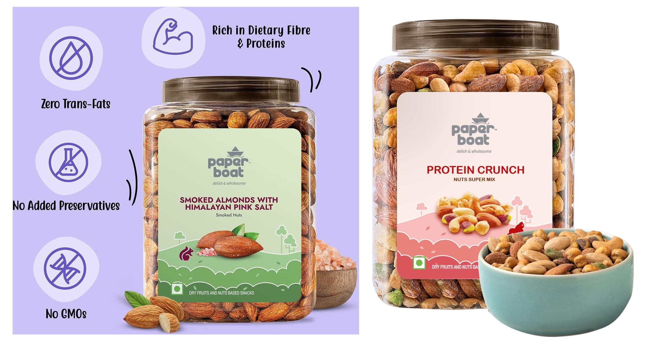 Paper Boat Paper Boat Protein Crunch, Premium Dry Fruit Mix, Healthy Trail Mix with Dry Fruits (1Kg) & Paper Boat Premium Smoked and Roasted Almonds Himalayan Pink Salt,Salted Badam, Reusable Jar 1Kg
