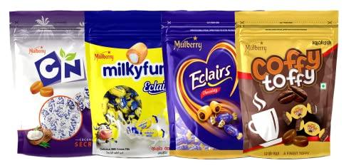 Mulberry Mulberry Toffee Combo | CN Coconut Secret, Milkyfun Eclairs, Chocolaty Eclairs, Coffy Toffy Standy Zipper Pouch Combo Pack | 536g