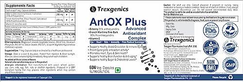 Trexgenics Trexgenics ANTOX PLUS Bilberry 25% 200 mg, Pine bark 90% 200 mg & Vitamin C Advanced Antioxidant complex, Heart, Eyes, Skin, Immunity, Metabolism (60 Vcaps) (1)
