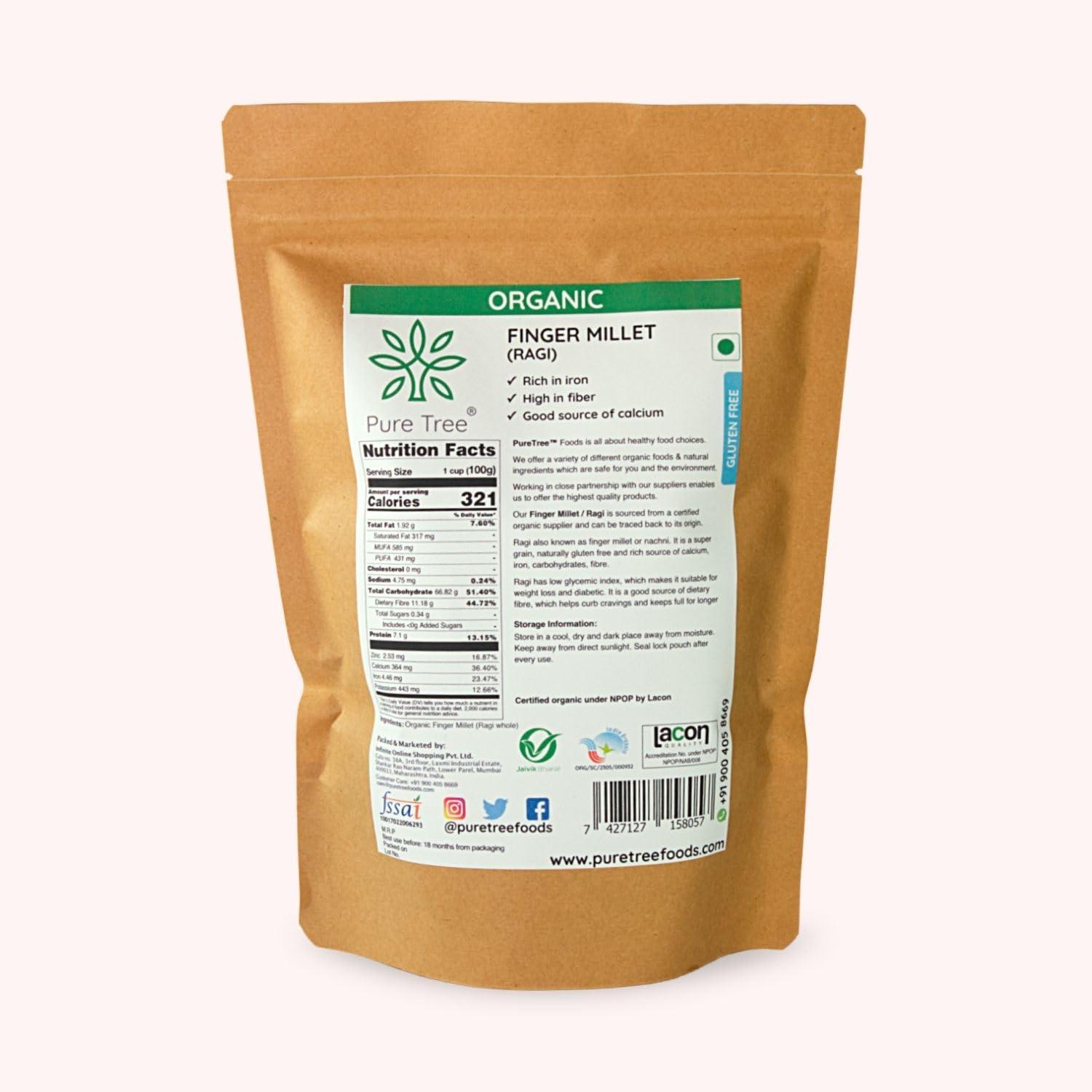 Pure Tree Pure Tree Certified Organic Ragi Whole | 900 g | Finger Millet | Nachni | Nagli | Ragi Millet Gluten-Free | Bavto | Red Finger Millet | Ragi Whole Grain