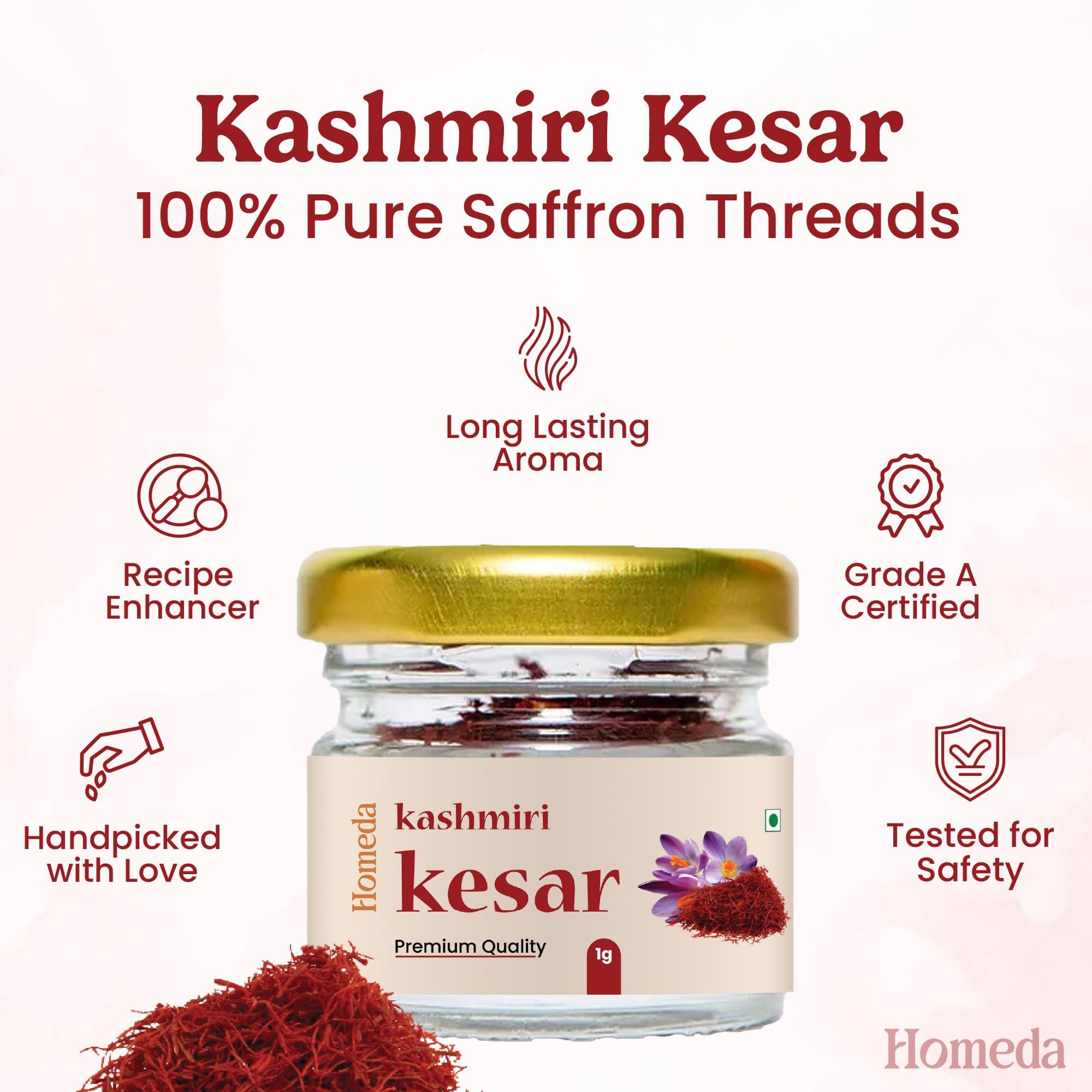Homeda Homeda Kesar Saffron Original 2G / Pure Saffron Original Kashmiri|Kumkuma Puvvu, Keshar Safron, Kungumapoo For Pregnant Women, Kasar, Kumkumapoovu, Keser, Kaser, Kesor, Grade A (2 Packs Of 1Gm)