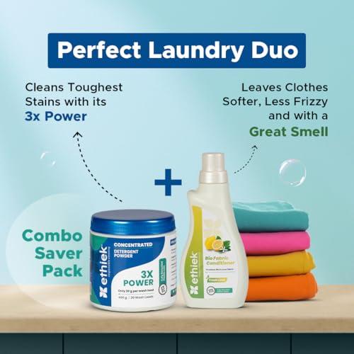 ETHIEK Ethiek Concentrated Detergent Powder (400g) & Fabric Conditioner (0.5L), Natural & Organic Detergent with 3X Power for Tough Stains and After Wash Fabric Softener, For Top & Front Load Machine - Combo