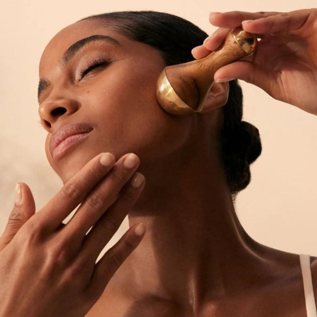 Casaveda Casaveda Face & Acupressure Double Sided Kansa Wand Iastem Tool Massager With Teak Wood Handle For Detoxification And Deep Relaxation (Natural Brown, Small)