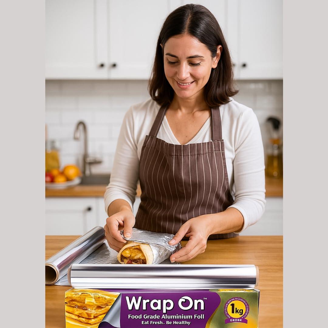 Wrap On Wrap On Aluminium Foil Paper 1 kg 18 Micron Roll for Food Packing with Cutter, Heavy Duty Foil Paper for Food Wrap Roll 1kg, Silver Aluminum Foil Wrap Paper Roll for Roti Kitchen (Pack of 1).