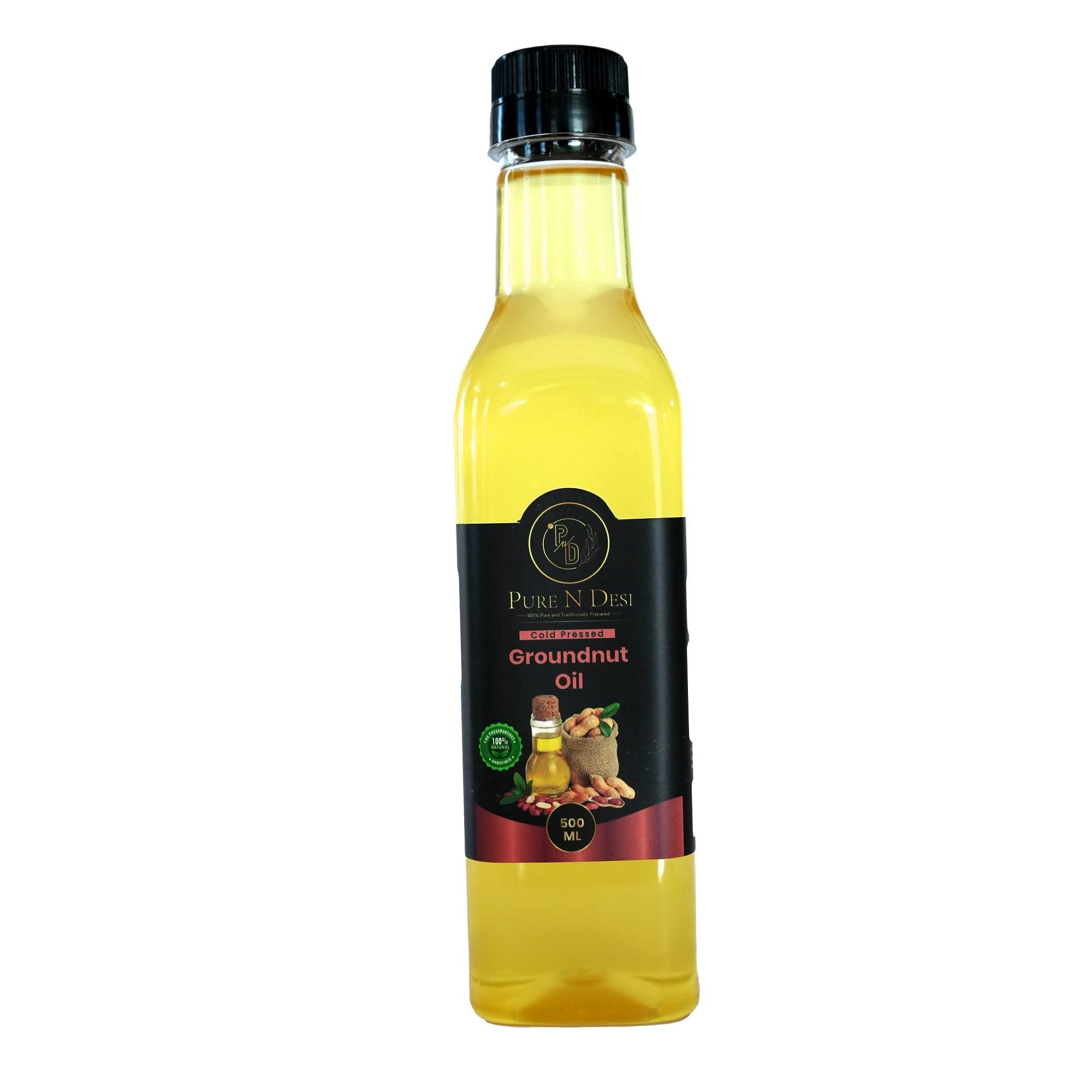 PURE N DESI PURE N DESI Cold Pressed Groundnut Oil 500 ml | Wood Pressed Peanut Oil | Mungfali Ka Tel | Kachi Ghani Groundnut Cooking oil 500 ML