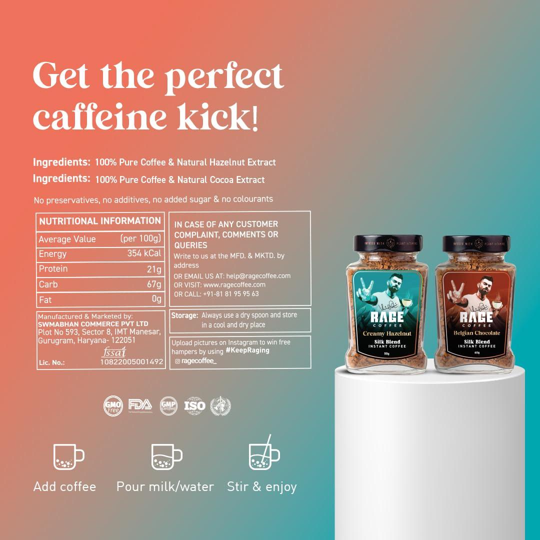 RAGE COFFEE RAGE COFFEE Silk Blend Instant Coffee|Belgian Chocolate & Creamy Hazelnut Silk Blend Flavoured Coffee 60 Gms Each|100% Pure Instant Coffee|Premium, Bold & Smooth|Pack Of 2 - Powder, Bottle