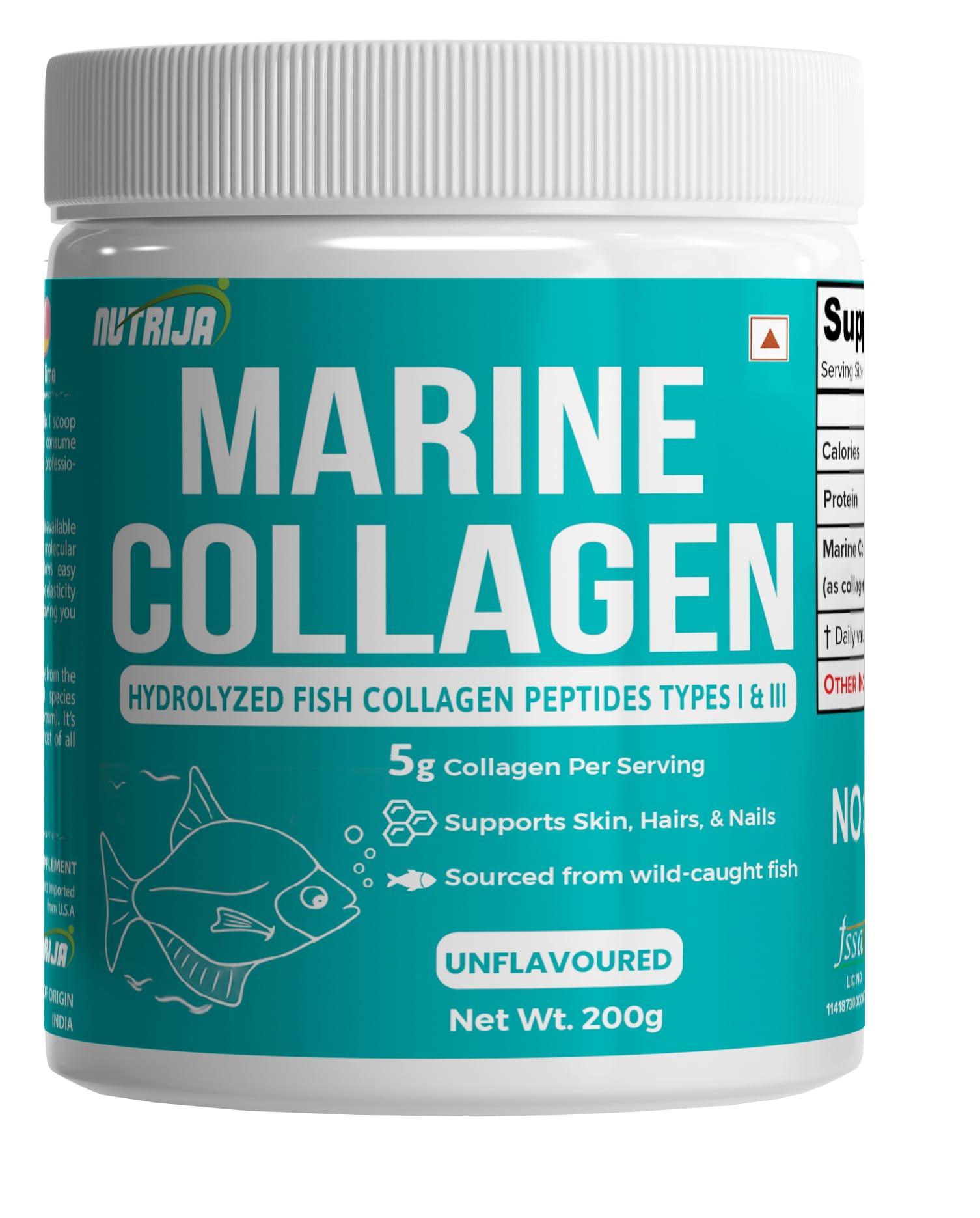 NutriJa NutriJa Marine Collagen Peptides Hydrolyzed Fish Collagen - Highly Bioavailable - 200g | Clinically Proven Ingredient with 95% Protein, Supports Healthy Skin, Hair, Nails, Bone & Joint -Unflavoured