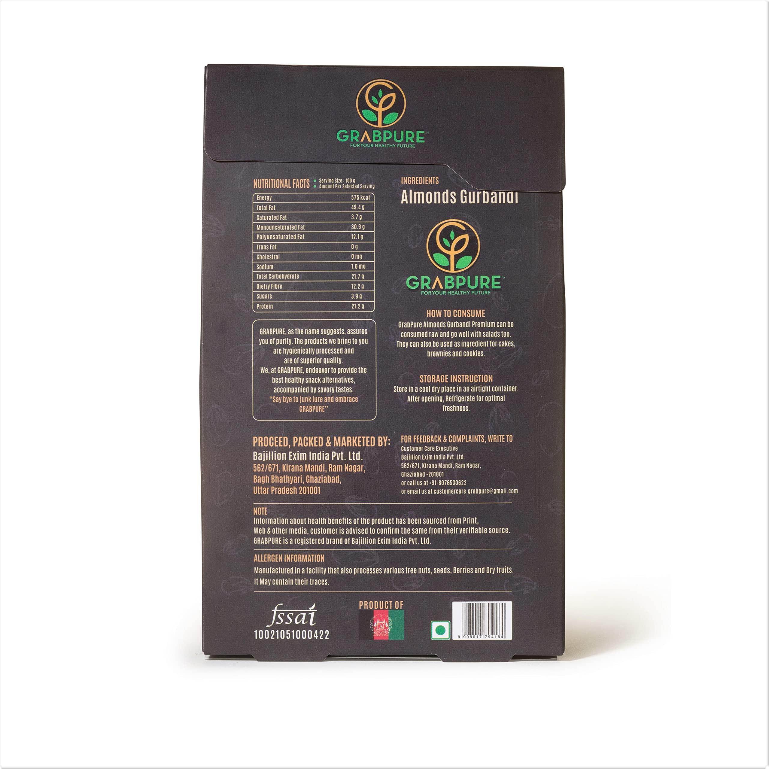 GRABPURE GRABPURE 100% Pure Afghan Gurbandi Almonds/Gurbandi Badam 250 Grams (Rich In Oil) (Pack Of 2), Dried