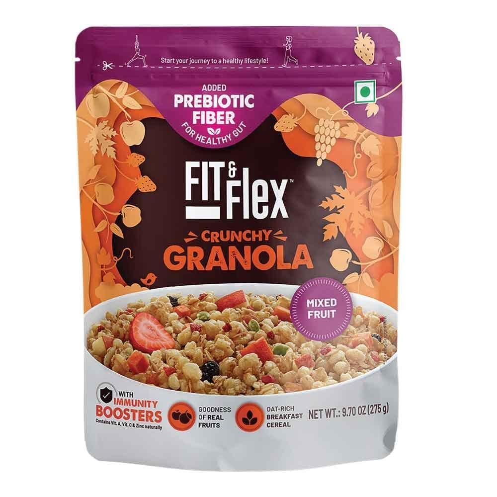 FIT & FLEX FIT & FLEX Baked Granola Mixed Fruit Oat Rich Cereal With Real Freeze Dried Fruits Ready To Eat Healthy Breakfast Food Cholesterol Free With Immunity Boosters As Seen On Shark Tank India 275 Gm