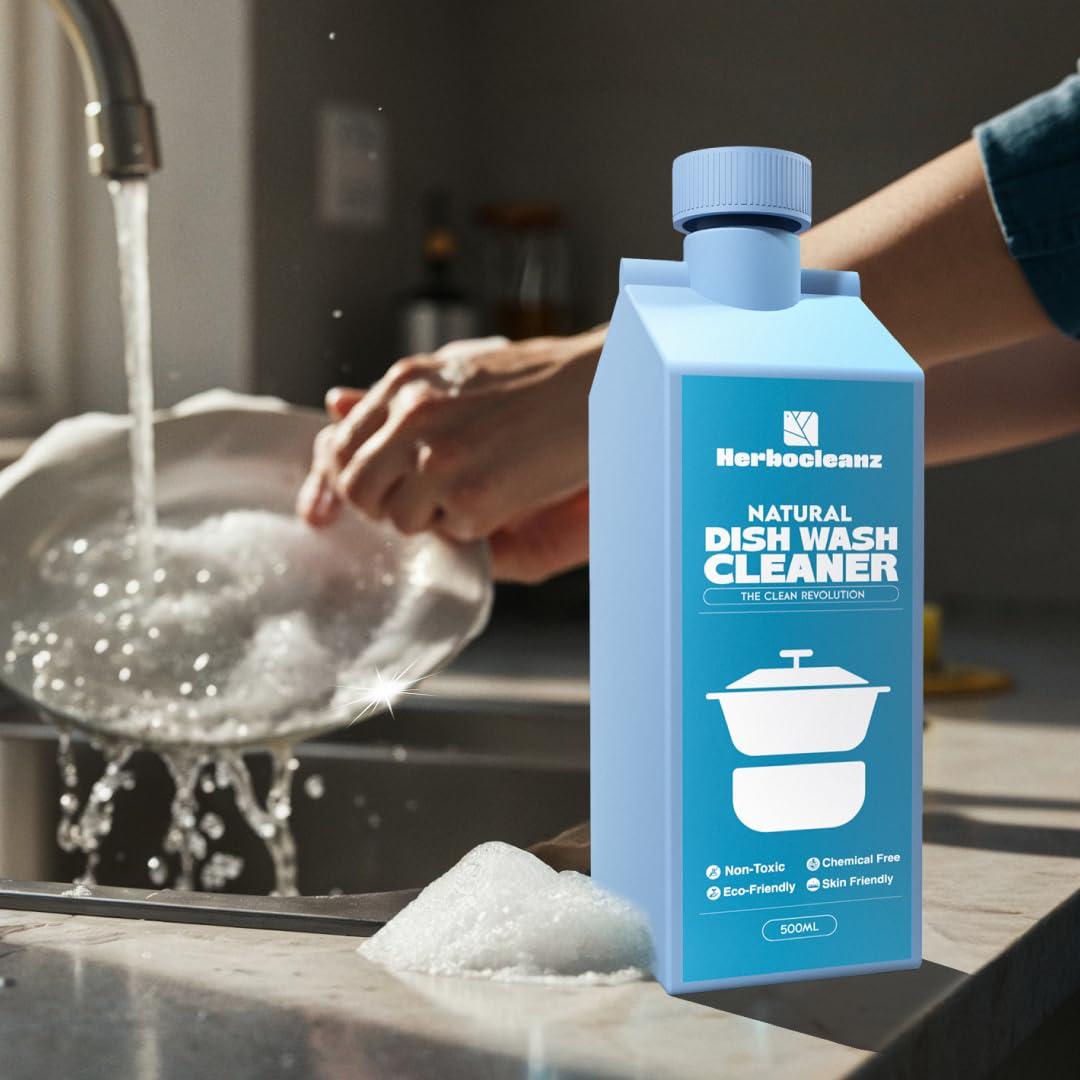 HERBOCLEANZ HerboCleanz Natural Dish wash cleaner: Plant-Based, Non-Toxic Grease Cutter  Eco-Friendly, Skin-Safe Detergent for Utensils, Ceramics & Cutlery - Pack of 1